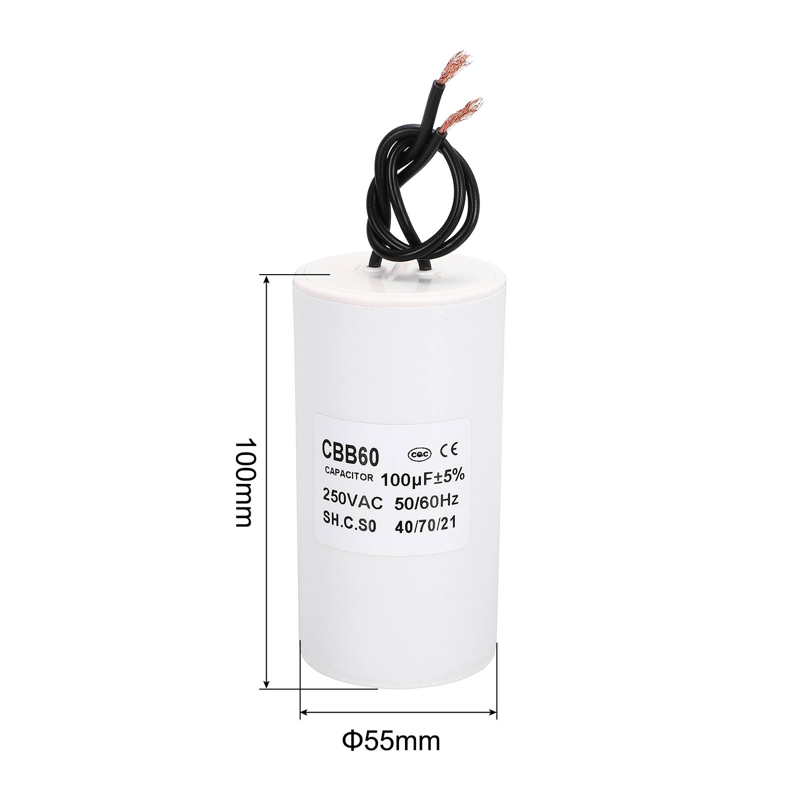 100mm CBB60 CBC CE CAPACITOR 100µF 5% 250VAC 50/60Hz SH.C.SO 40/70/21 55mm