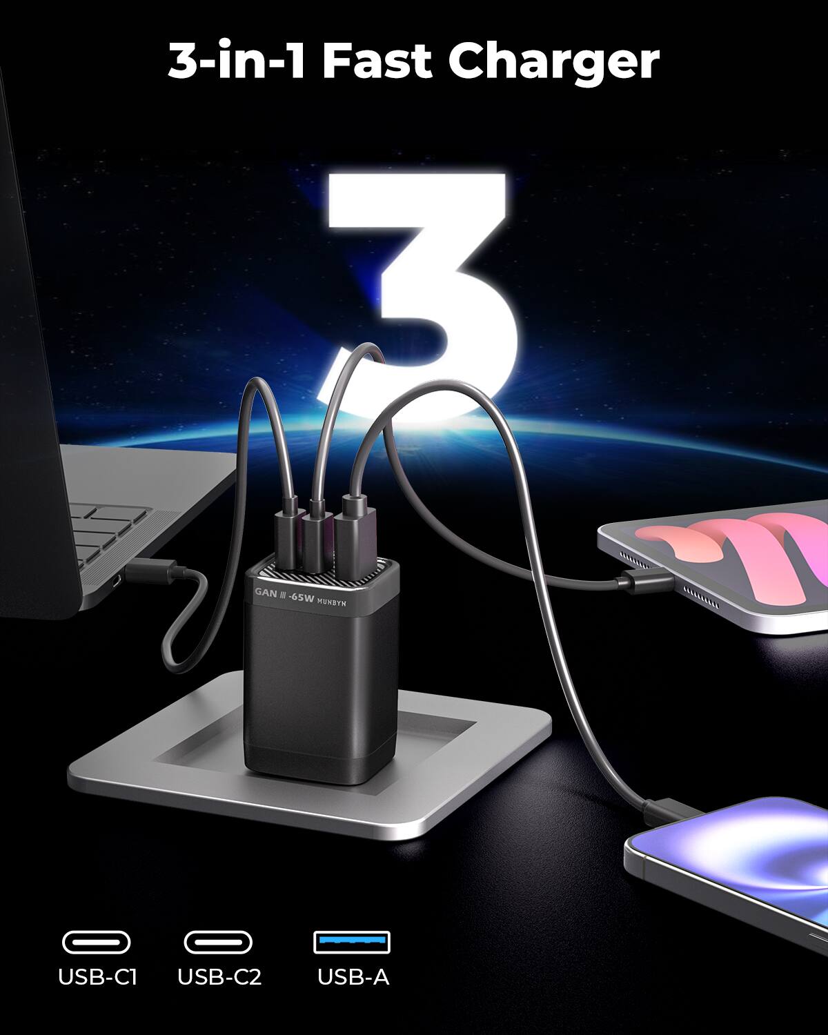3-in-1 Fast Charger

3

GAN III -65W MUNBYM

USB-C1 USB-C2 USB-A