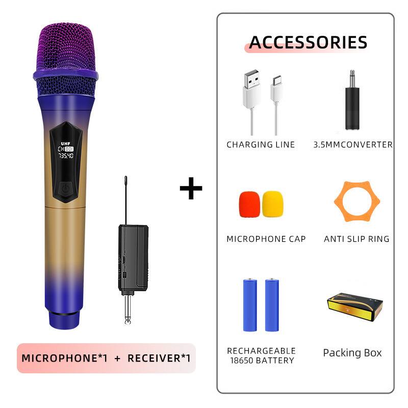 ACCESSORIES  
UHF 1003  
CHARGING LINE  
3.5MM CONVERTER  
MICROPHONE CAP  
ANTI SLIP RING  
RECHARGEABLE 18650 BATTERY  
Packing Box  

MICROPHONE*1 + RECEIVER*1