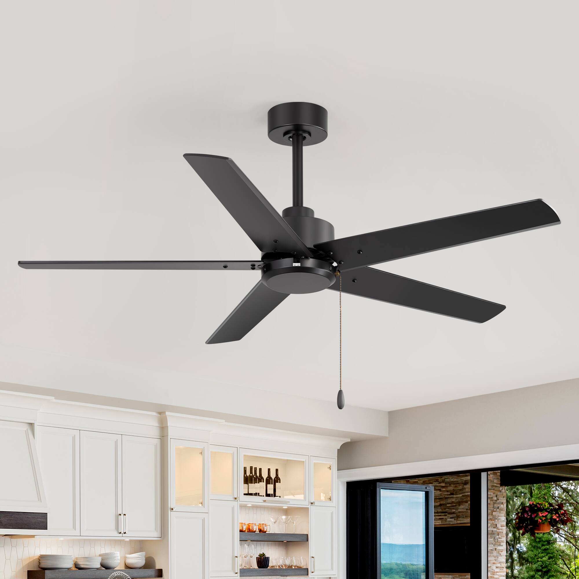 Left. Breezary - 52-Inch Indoor Ceiling Fan, No-Light, 5 Reversible Plywood Blades, 3-Speed AC Motor, 5/10'' Downrods, Pull Chain Control - Matte Black.