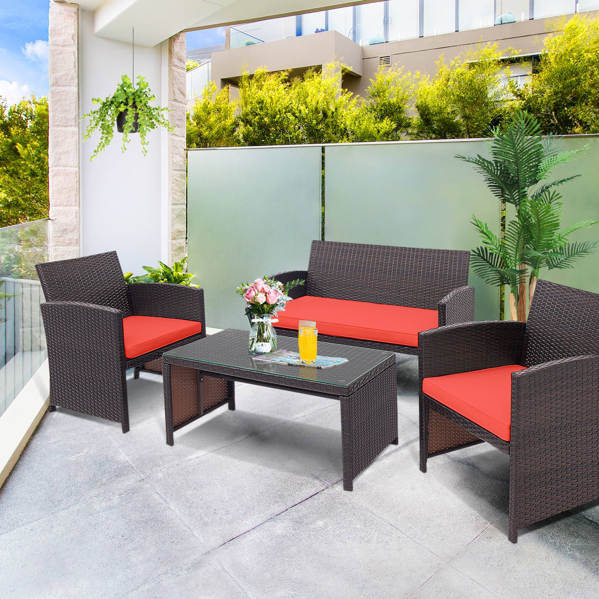 Alt View 4. Gymax - Gymax 8PCS Patio Conversation Set Outdoor Rattan Furniture Set w/ Red Cushions - Red.