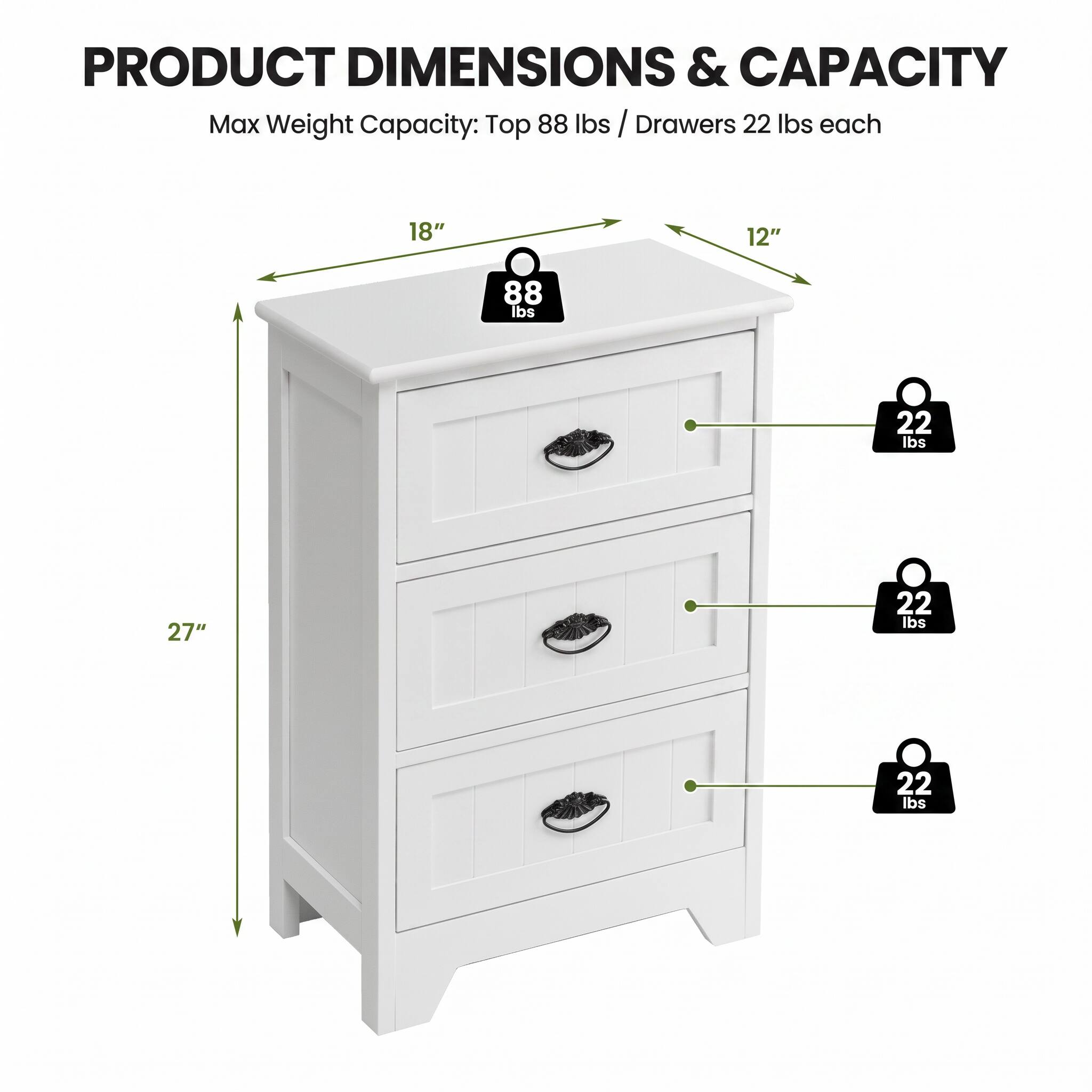 PRODUCT DIMENSIONS & CAPACITY  
Max Weight Capacity: Top 88 lbs / Drawers 22 lbs each  
18"  
12"  
88 lbs  
22 lbs  
27"  
22 lbs  
22 lbs