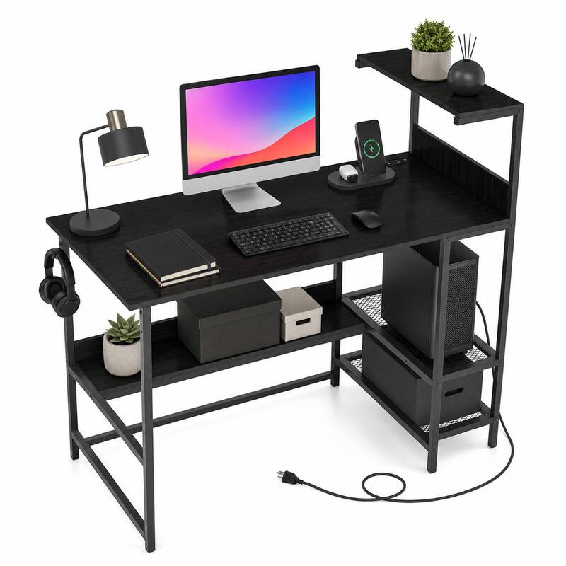 Alt View 4. WELLFOR - 48" Computer Desk with Power Outlets and Storage Shelves, Reversible Home Office Desk Gaming Desk - Black.
