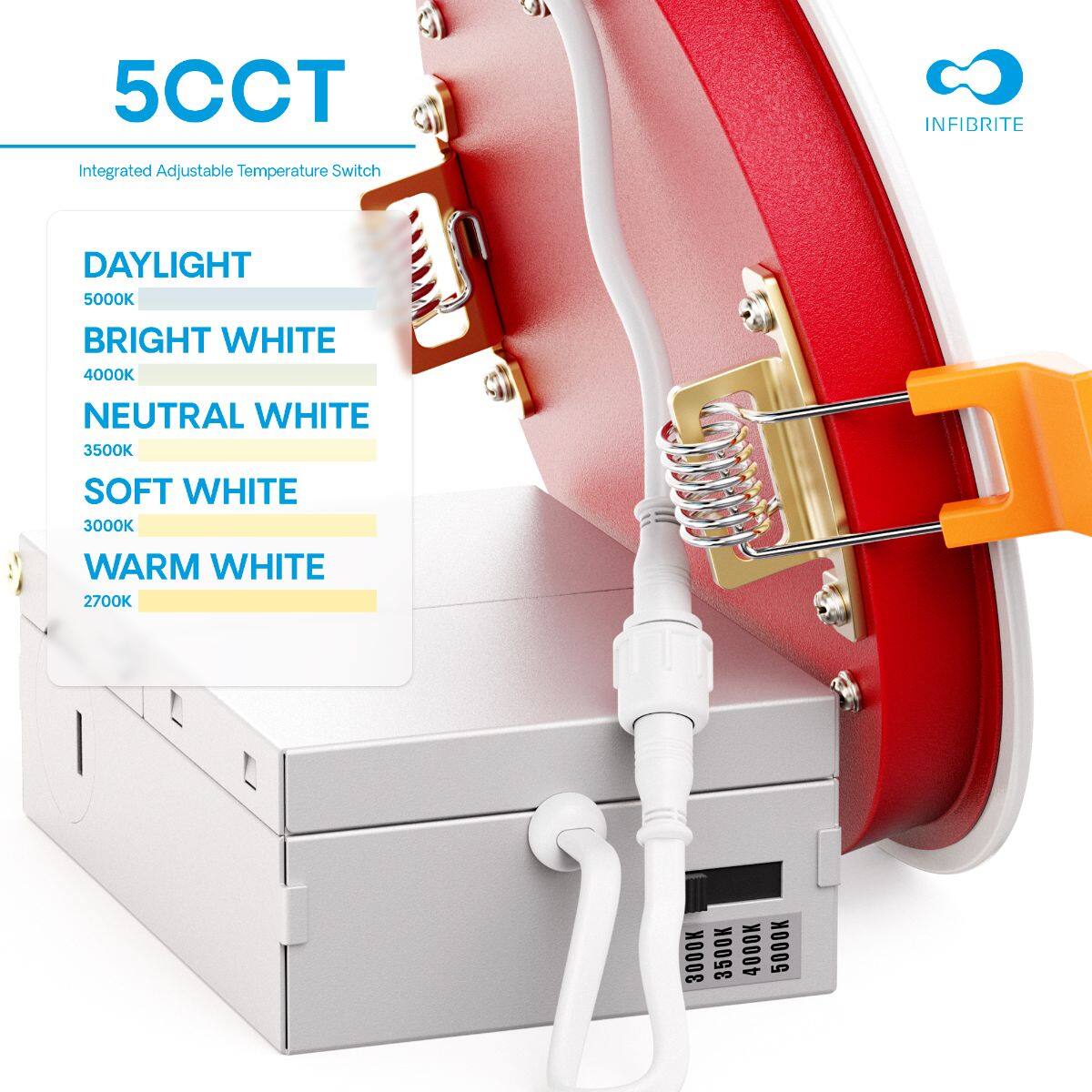 5CCT INFIBRITE Integrated Adjustable Temperature Switch

DAYLIGHT 5000K  
BRIGHT WHITE 4000K  
NEUTRAL WHITE 3500K  
SOFT WHITE 3000K  
WARM WHITE 2700K