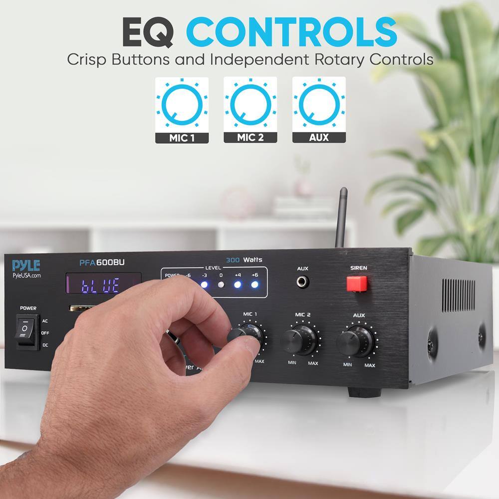 EQ CONTROLS  
Crisp Buttons and Independent Rotary Controls  

MIC 1  
MIC 2  
AUX  

PYLE  
PFA600BU  
PyleUSA.com  

300 Watts  

POWER  
AC  
OFF  
DC  

LEVEL  
-3  
0  
+6  

MIC 1  
MIC 2  
AUX  

MAX  
MIN  
MAX  
MIN  
MAX  

AUX  
SIREN  

POWER  
AC  
OFF  
DC  

66.02