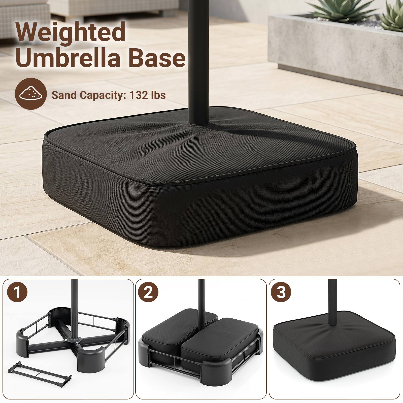 Weighted Umbrella Base  
Sand Capacity: 132 lbs  
1  
2  
3
