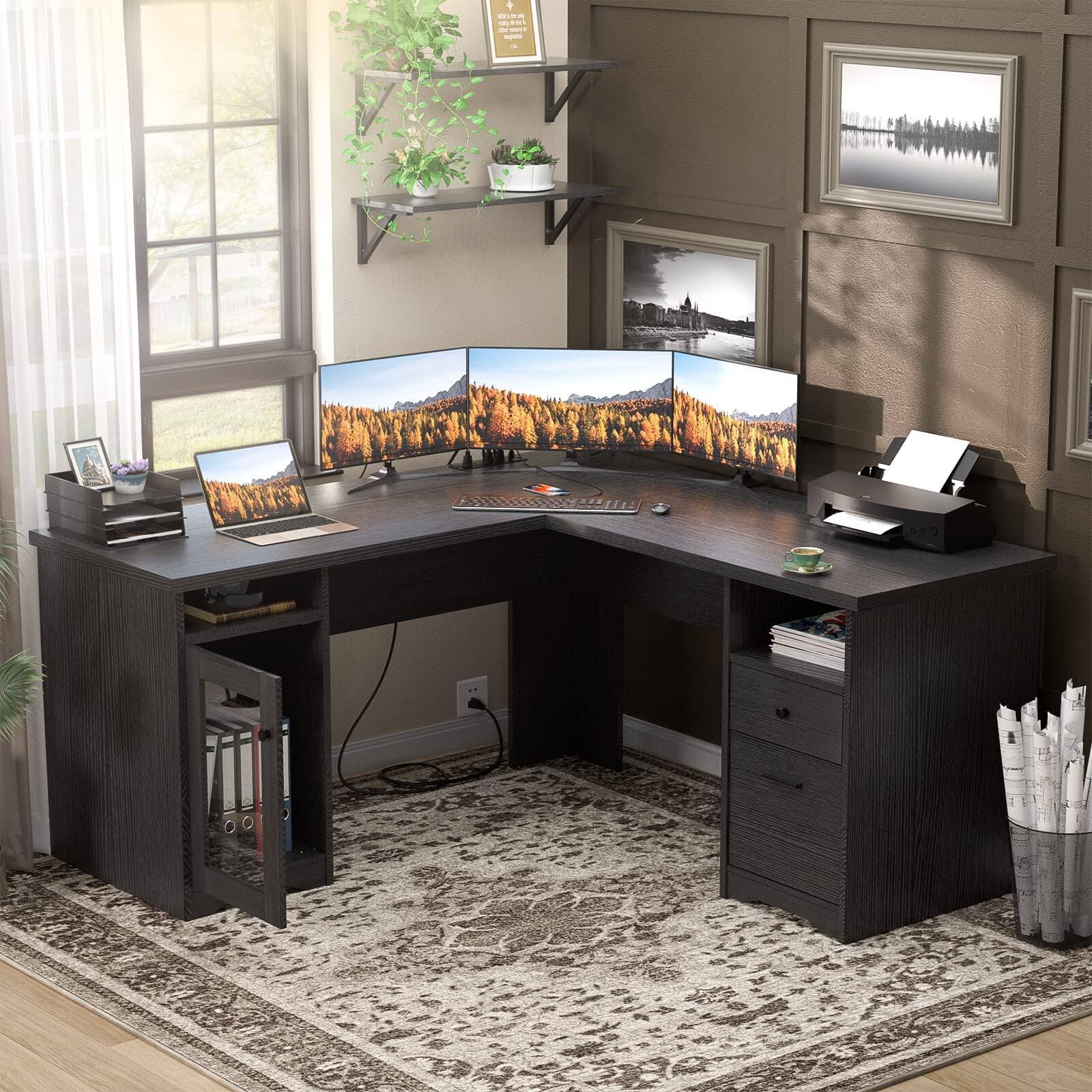 Alt View 1. Aheaplus - 60"L-Shaped Corner Desk - Sturdy 2-Person Executive Desk with Storage/File Cabinets & Power/USB Ports - Black.