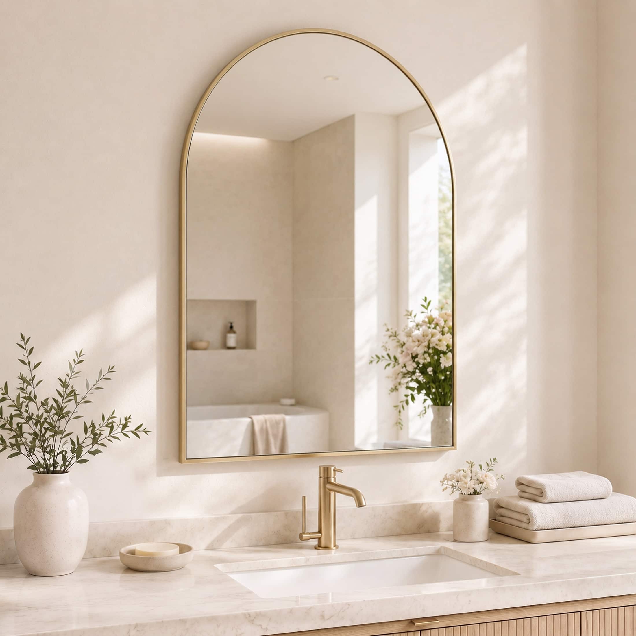 "Sweetcrispy - 30"" x 38"" Arch Framed Bathroom Wall Mirror, Shatterproof Vanity Mirror, Anti-Rust, Hanging or Leaning - Gold" price history on PriceWatchPro