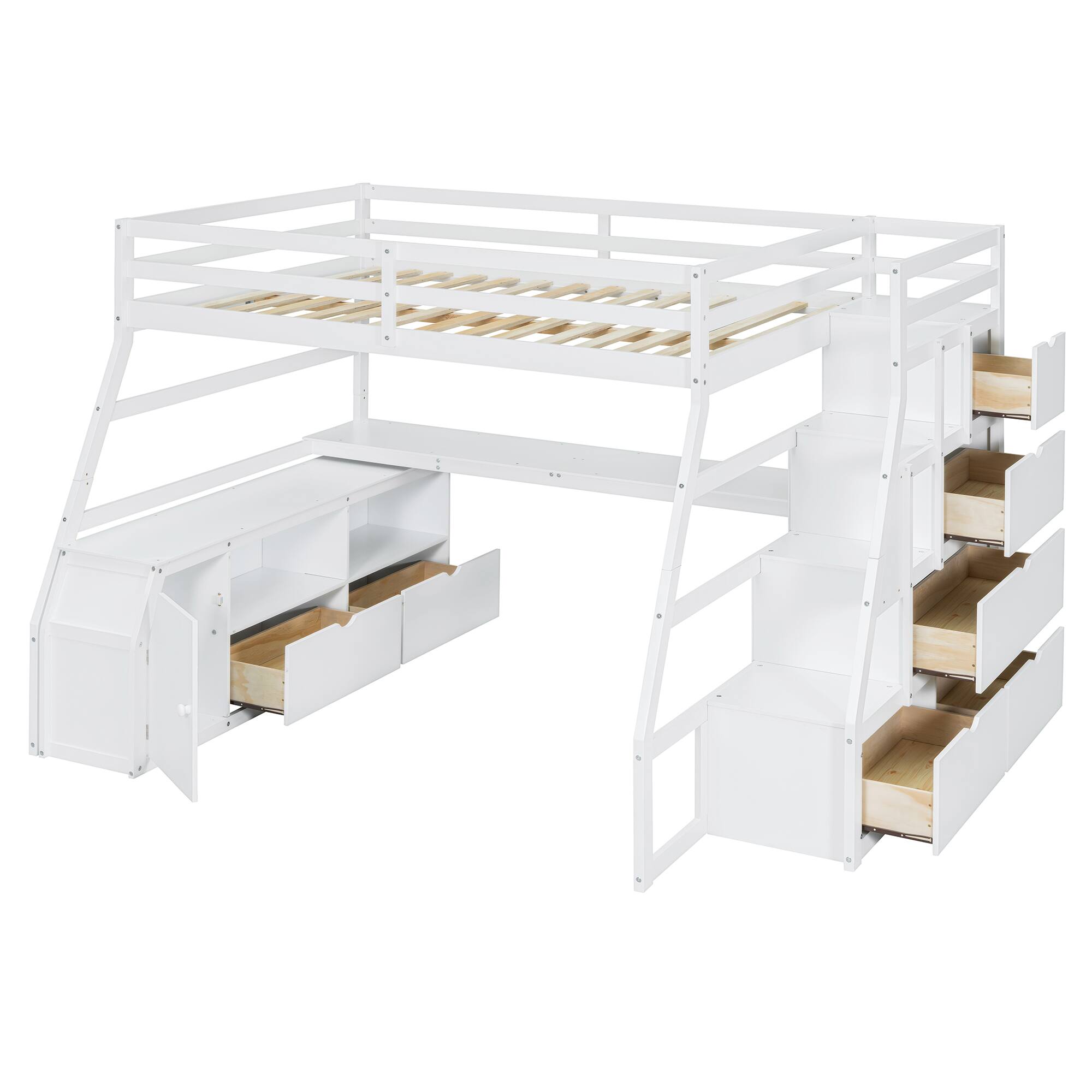 Alt View 2. Tiramisubest - Full Size White Loft Bed with 7 Drawers, 2 Shelves & Desk - Plywood - White.