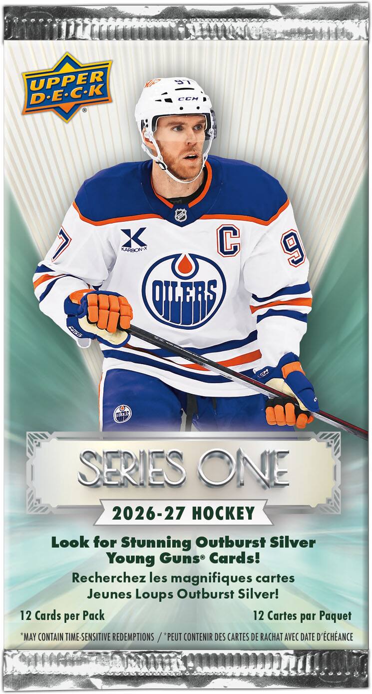 UPPER D.E.C.K  
97 CCM  
7  
X C KARBON-X OILERS  
9  
OILERS  
SERIES ONE 2026-27 HOCKEY  
Look for Stunning Outburst Silver Young Guns Cards!  
Recherchez les magnifiques cartes Jeunes Loups Outburst Silver!  
12 Cards per Pack  
12 Cartes par Paquet  
*MAY CONTAIN TIME-SENSITIVE REDEMPTIONS / *PEUT CONTENIR DES CARTES DE RACHAT AVEC DATE D'ÉCHANCE