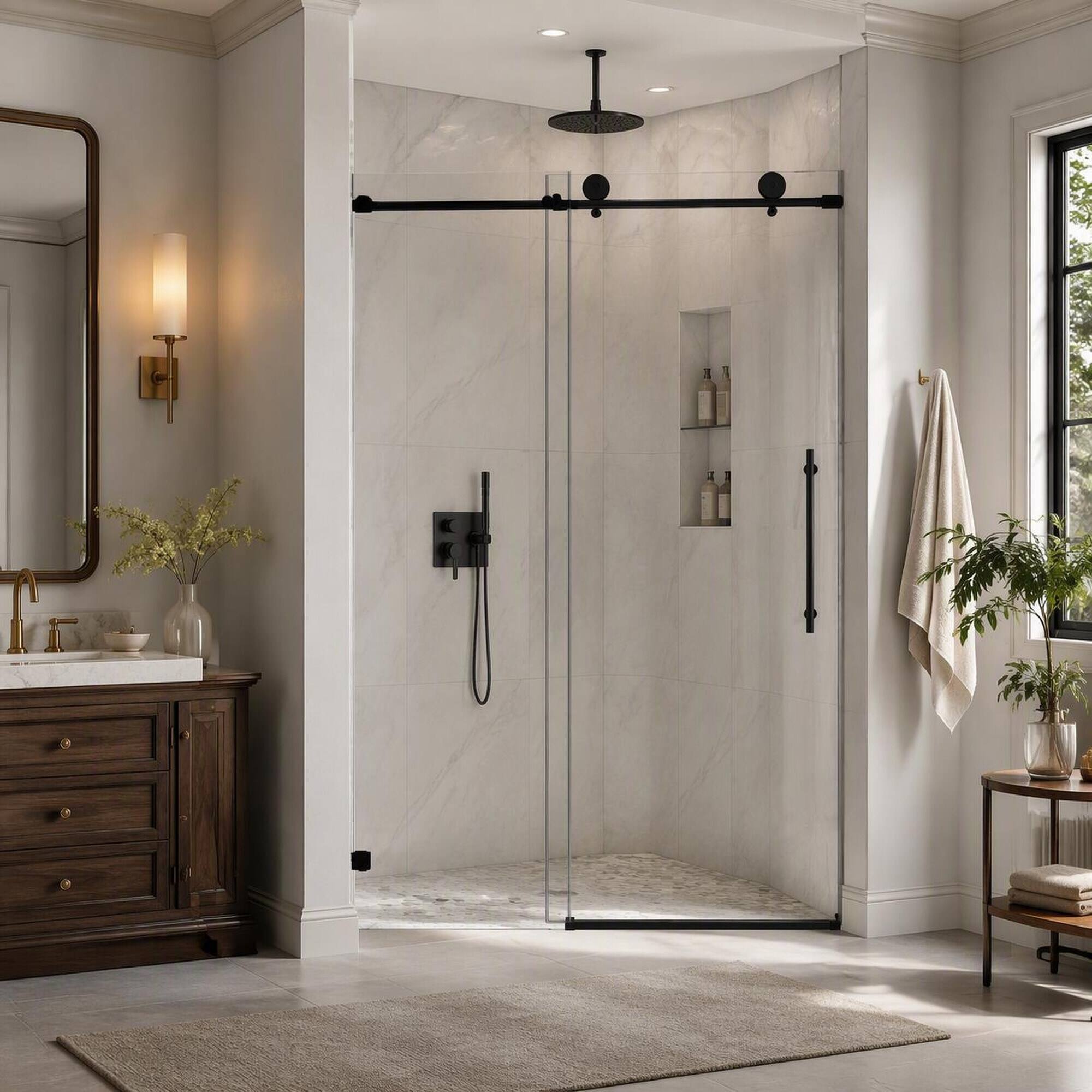 Angle. RYHNUYNE - Matte Black Frameless Shower Door With 70mm Steel Pulleys, Soft Close And Nano Easy Clean - Matte Black.