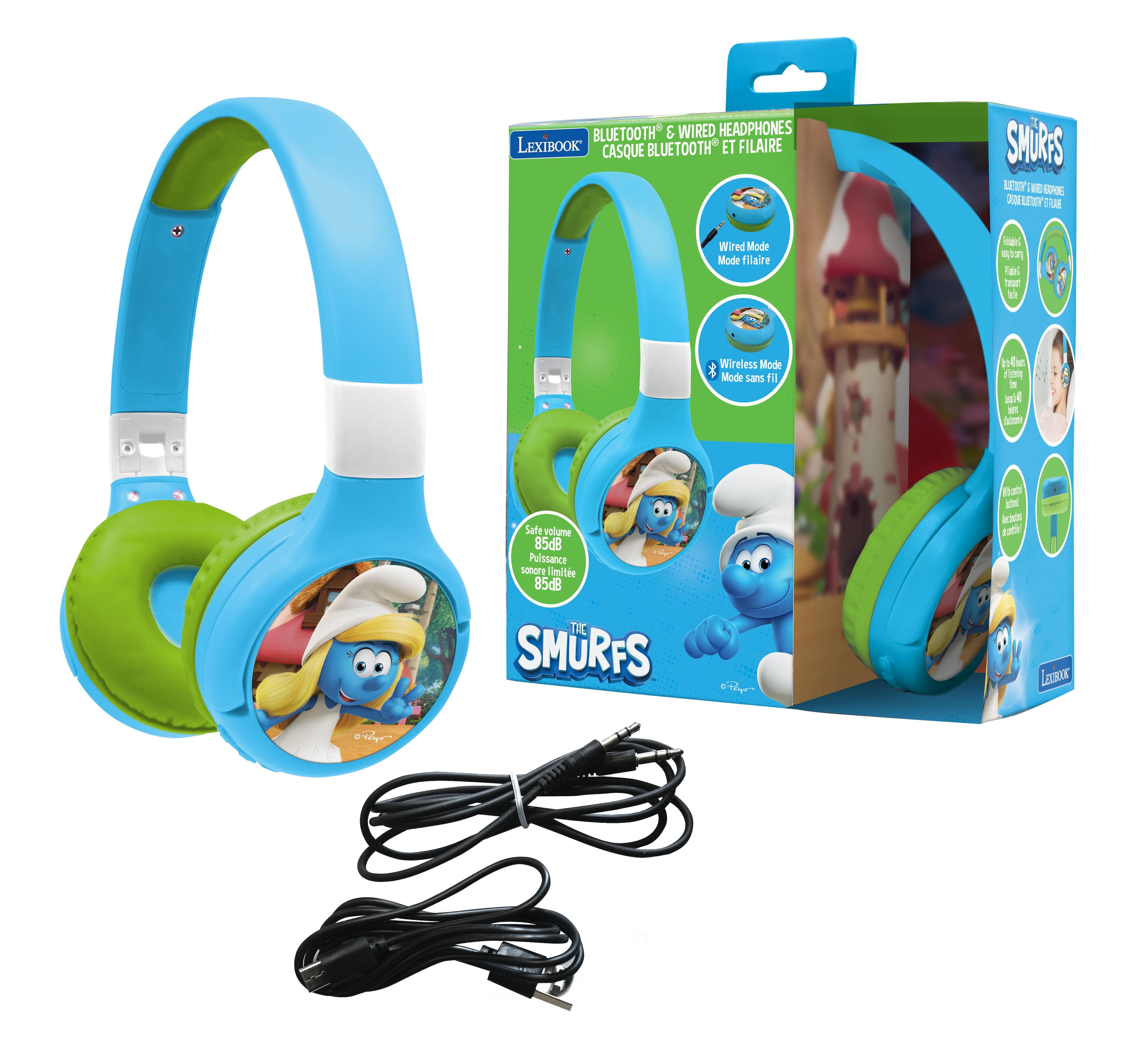 Lexibook - Smurfs 2-in-1 Bluetooth Foldable Headphones with Safe Volume for Kids