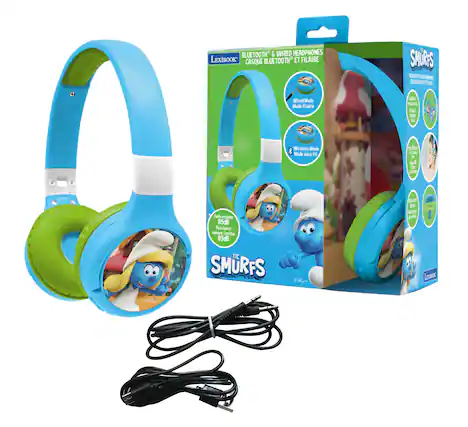 BLUETOOTH & WIRED HEADPHONES LEXIBOOK CASQUE BLUETOOTH ET FILAIRE
Wired Mode Mode filaire
Wireless Mode Mode sans fil
SMURFS sonore
Safe Pulssance 85dB
85dB volume limitie
TIC SHRES RETY NE SOE JNE EXY ERAE
3 Farl & Teart c I m - m I - e - and d i Lasor