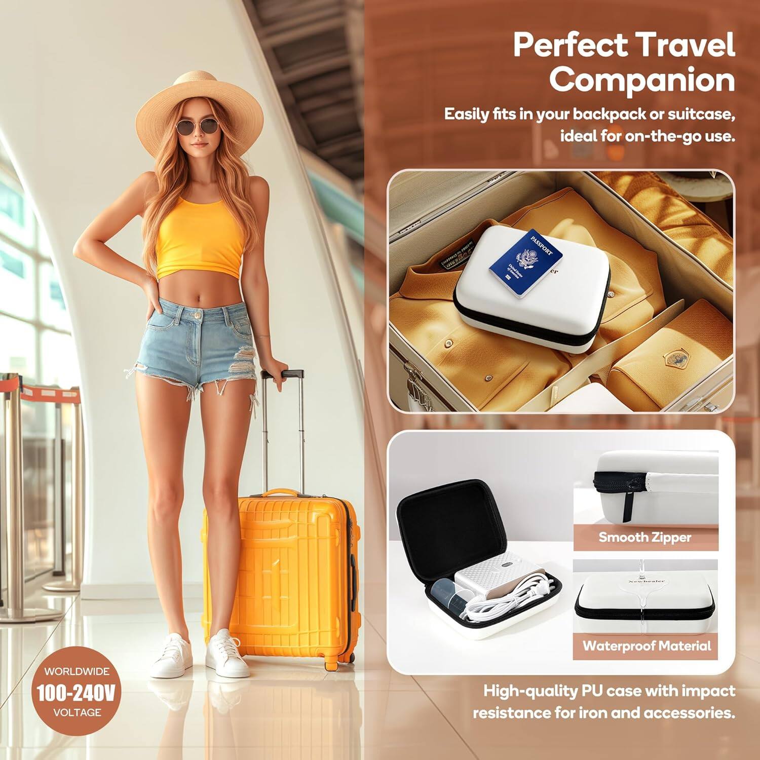 Perfect Travel Companion  
Easily fits in your backpack or suitcase, ideal for on-the-go use.  

PASPORT  
Smooth Zipper  
Waterproof Material  
WORLDWIDE 100-240V VOLTAGE  
High-quality PU case with impact resistance for iron and accessories.
