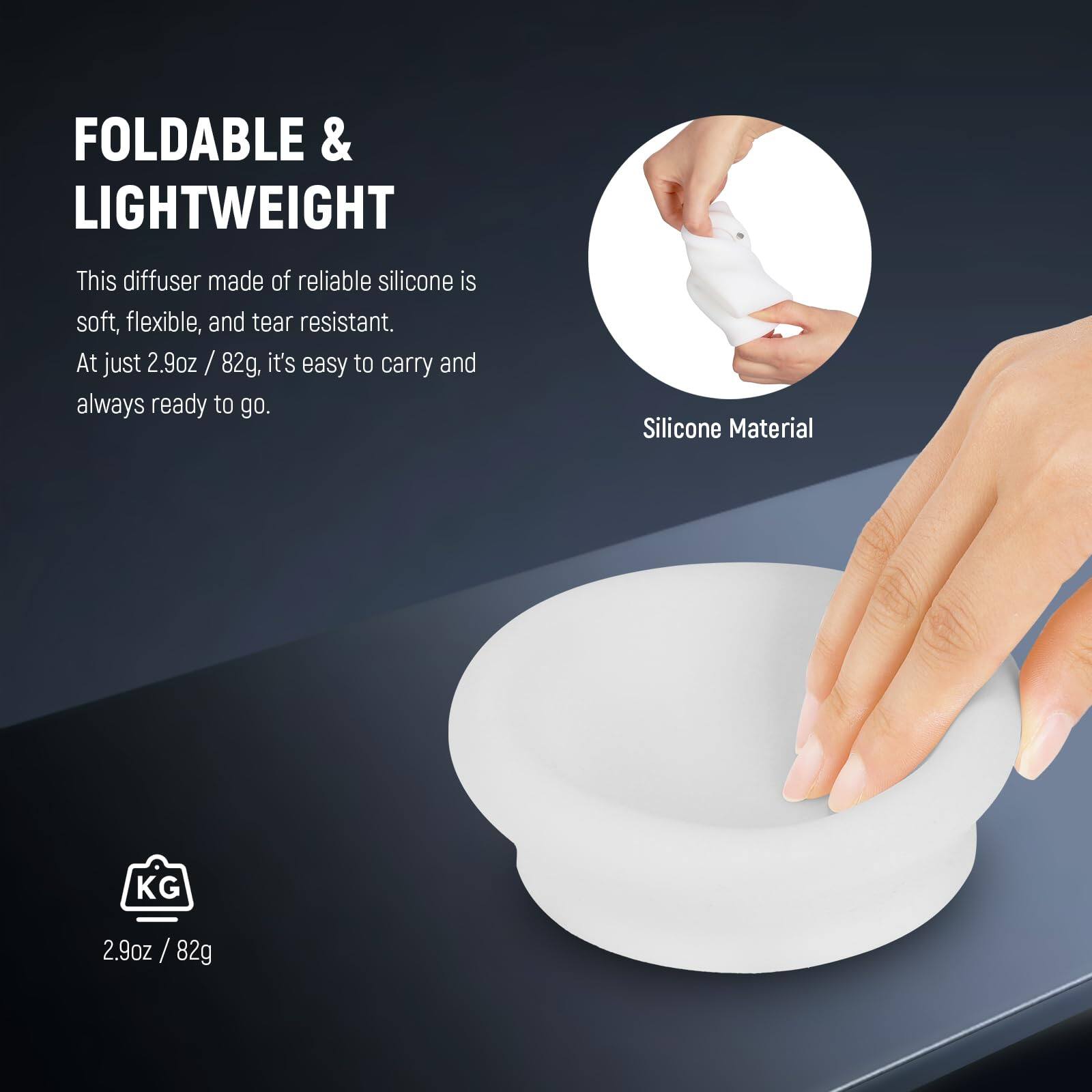 FOLDABLE & LIGHTWEIGHT

This diffuser made of reliable silicone is soft, flexible, and tear resistant. At just 2.9oz / 82g, it's easy to carry and always ready to go.

Silicone Material

2.9oz / 82g