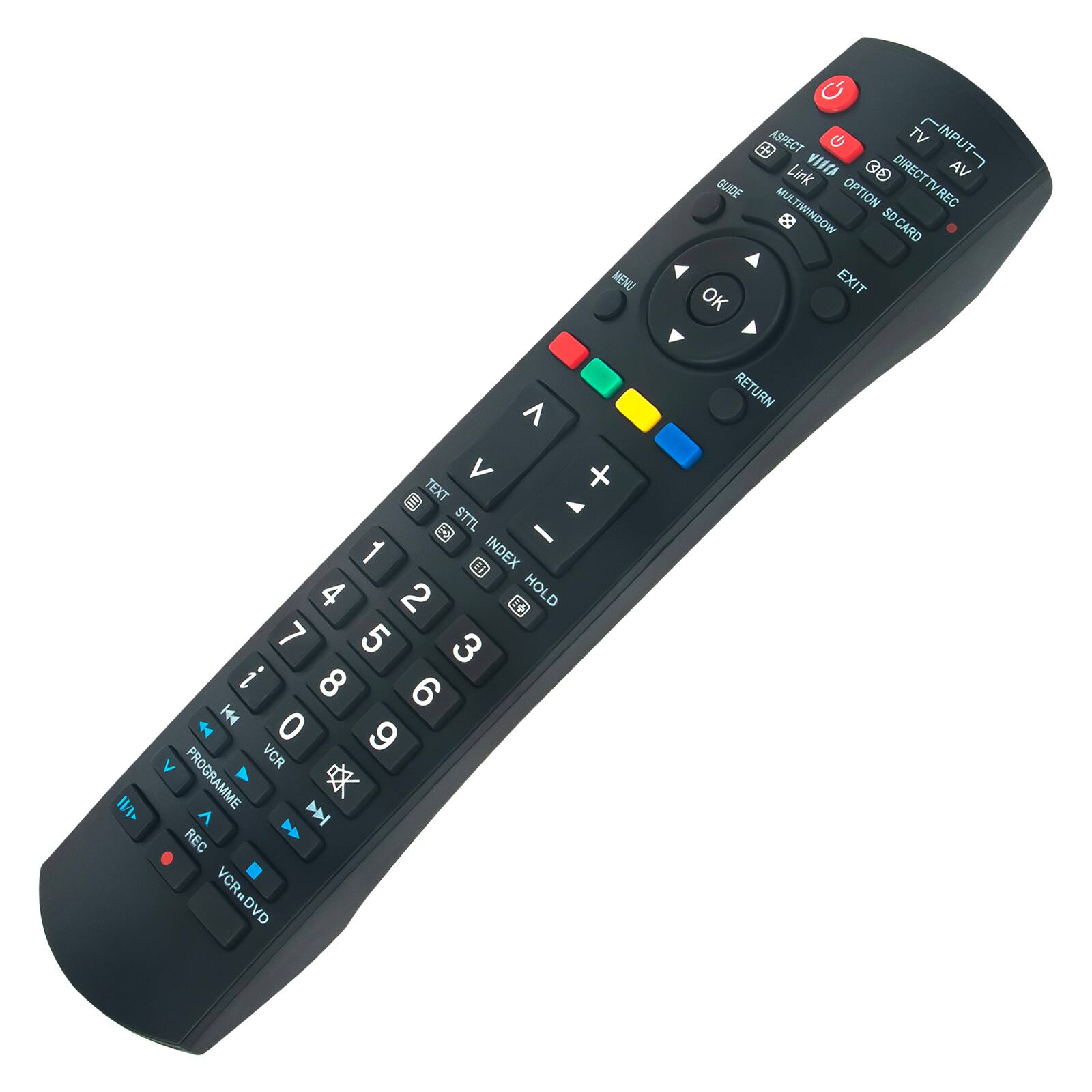 MENU 0 ASPECT TV (INPUT- 9) LINK VSA GO VA GUIDE MULT OPTION DIRECTV REC LTI WINDOW SD CARD 5D EXIT OK S A V + a TEXT ka STTL - 1 INDEX E1 4 2 EC HOLD 7 5 3 1 8 6 0 VCR 9 < PROGRAMME > D REC VCR.DVD RETURN