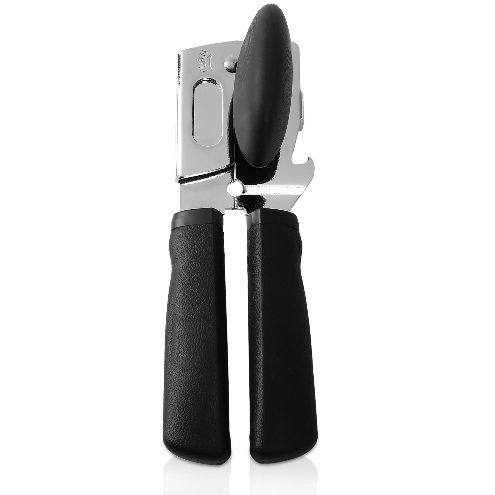 Angle. KOOMADE - KOOMADE Can Opener Safety Kitchen Tools Easy Grip Side Cut Manual Opener For Cans' Lid Kitchen Gadgets - Silver with black handle.