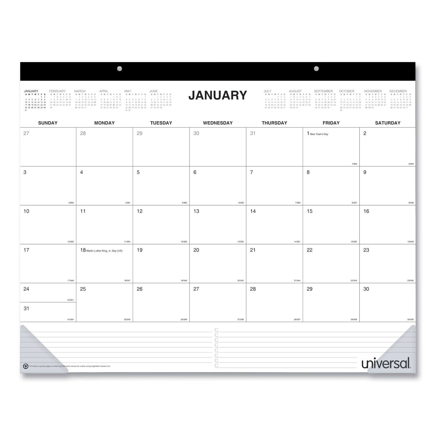 Universal - Desk Pad Calendar 22 x 17 White Sheets Black Binding Clear Corners 12 Month Jan to Dec 2026