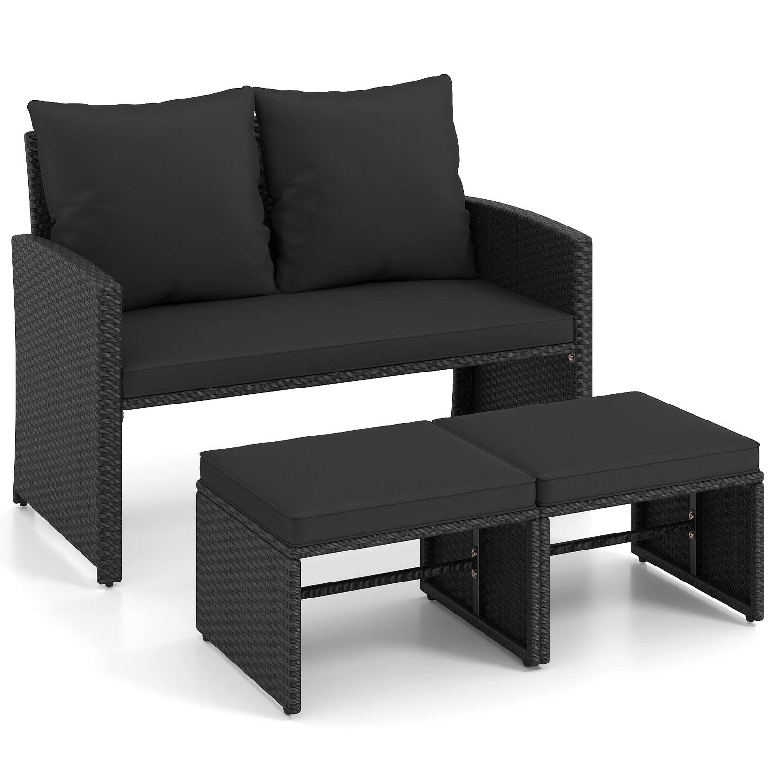 Alt View 1. Costway - Costway Outdoor Loveseat with Ottomans, 3 Pieces Patio PE Wicker Furniture Set with Cushions - Black + Black.