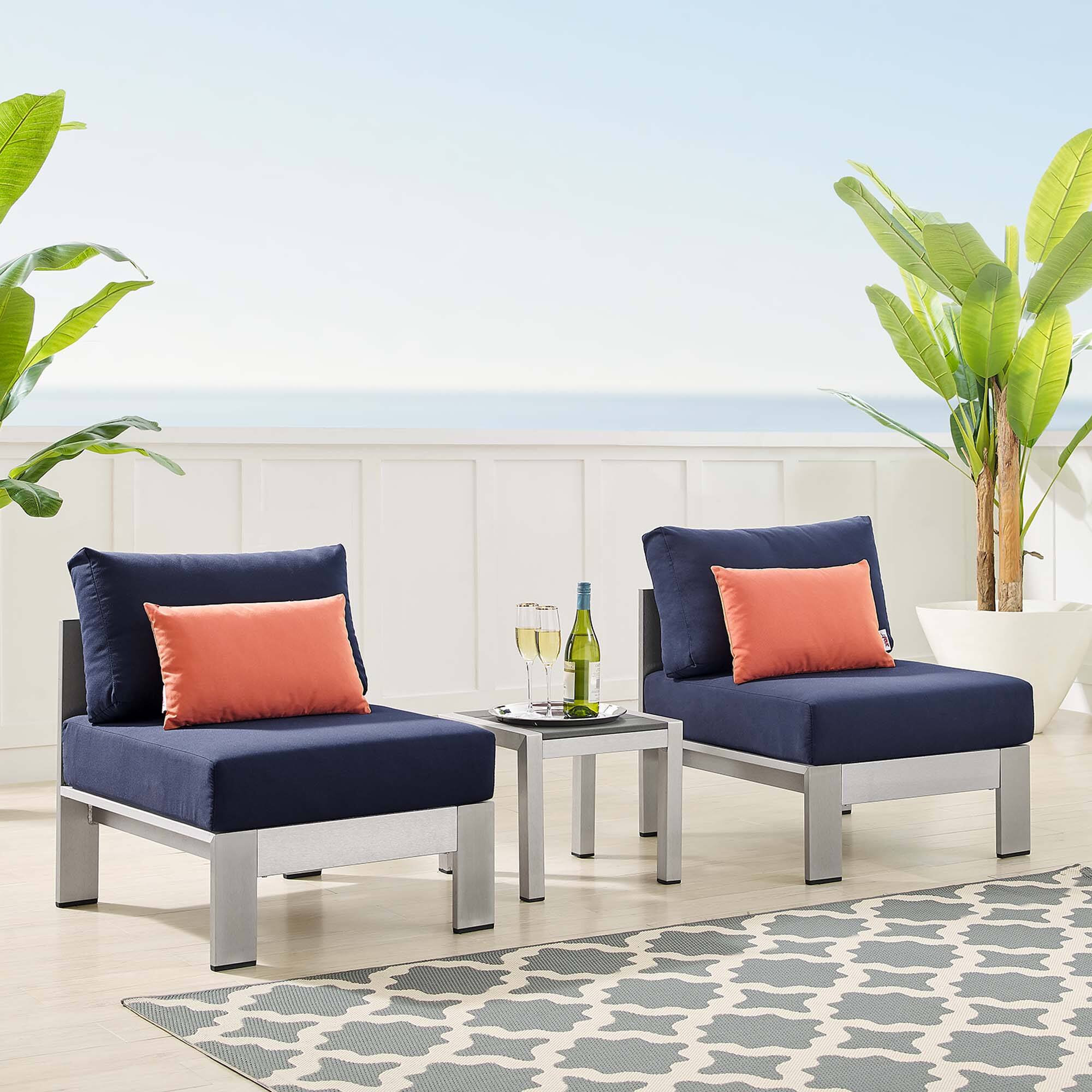 Shore 3 Piece Sunbrella® Fabric Outdoor Patio Aluminum Set by Modway - Silver Navy