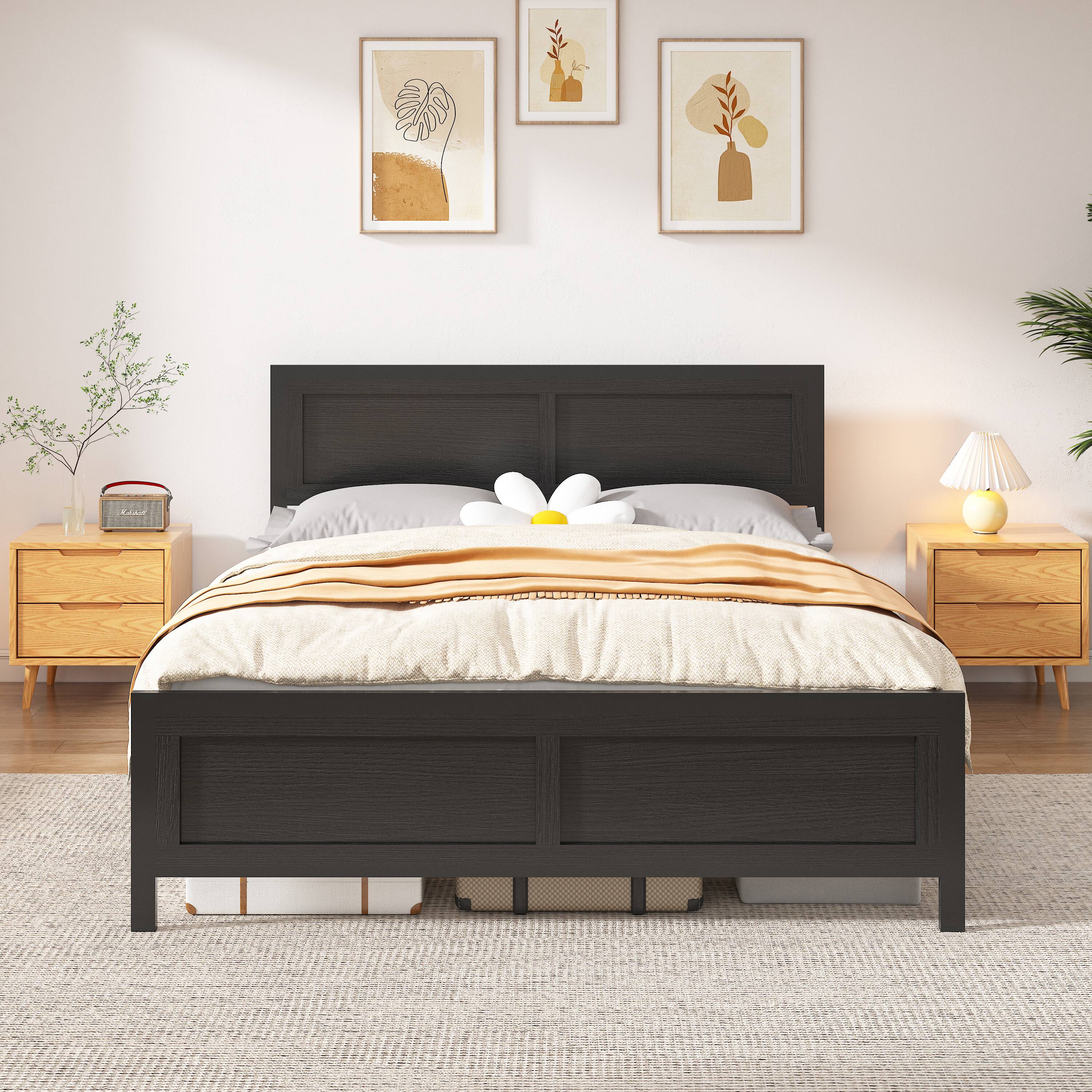Left. Dyonery - Full Size Bed Frame, Metal Platform Bed Frame with Wooden Headboard with Rivet, 13 Heavy Duty Iron Slats Support. - Black.
