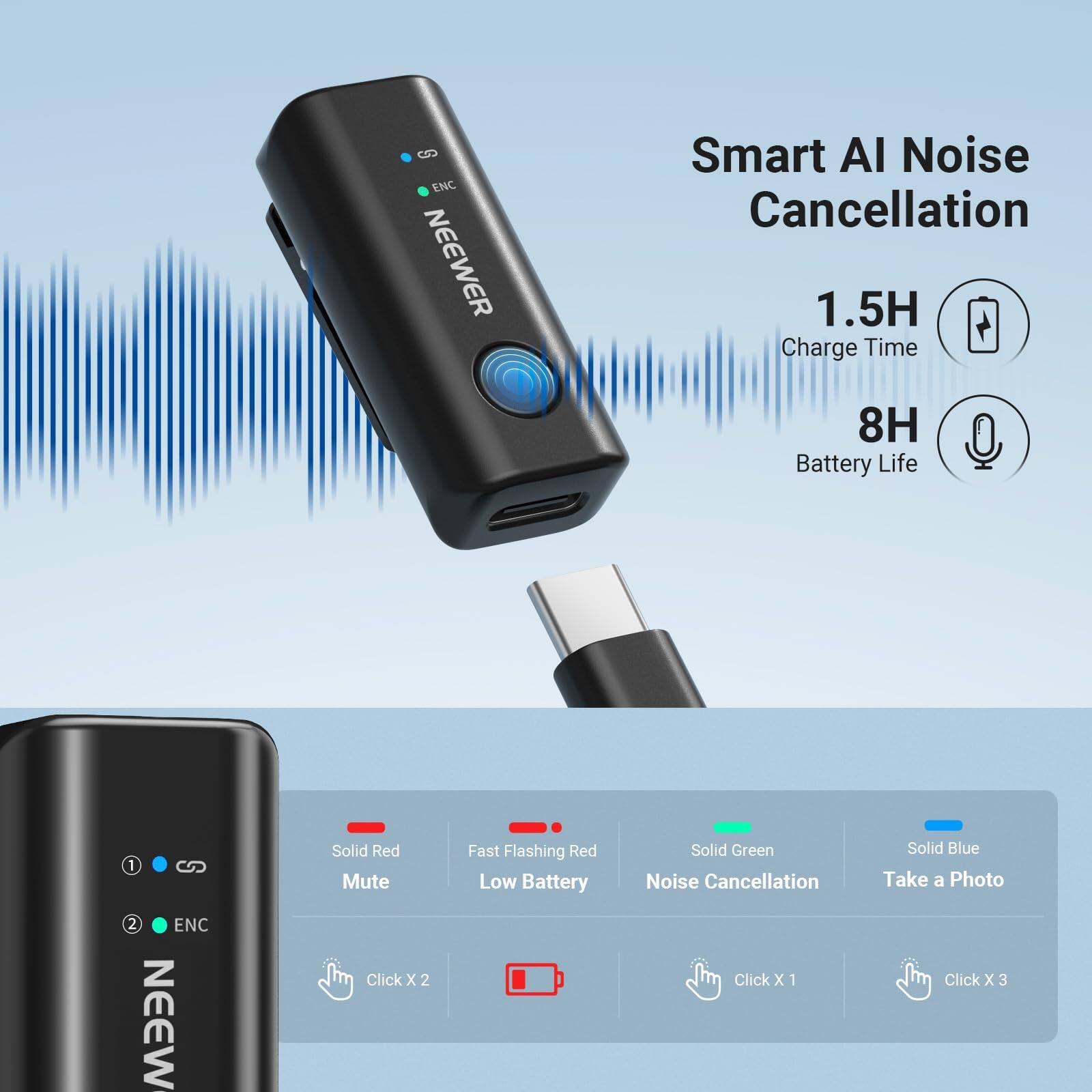 6 ENC NEEWER Smart AI Noise Cancellation  
1.5H Charge Time  
8H Battery Life  
1 2 ENC NEEW  
Solid Red Mute  
Click x 2  
Fast Flashing Red Low Battery  
Solid Green Noise Cancellation  
Click x 1  
Solid Blue Take a Photo  
Click x 3
