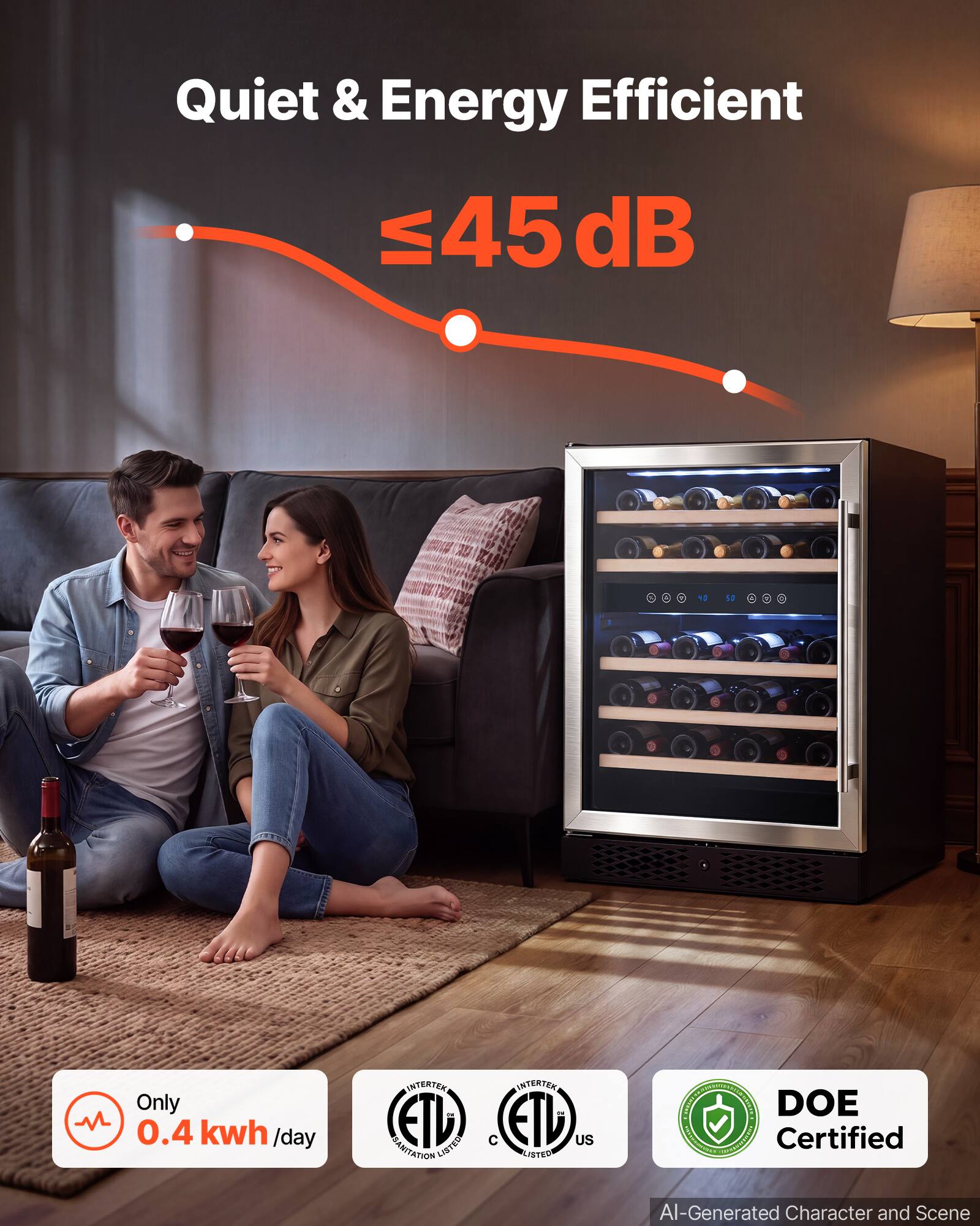 Quiet & Energy Efficient  
≤45 dB  
Only 0.4 kwh/day  
INTERTEK as ETL LISTED SANITATION  
INTERTEK the C EIL US LISTED  
DOE Certified  
AI-Generated Character and Scene