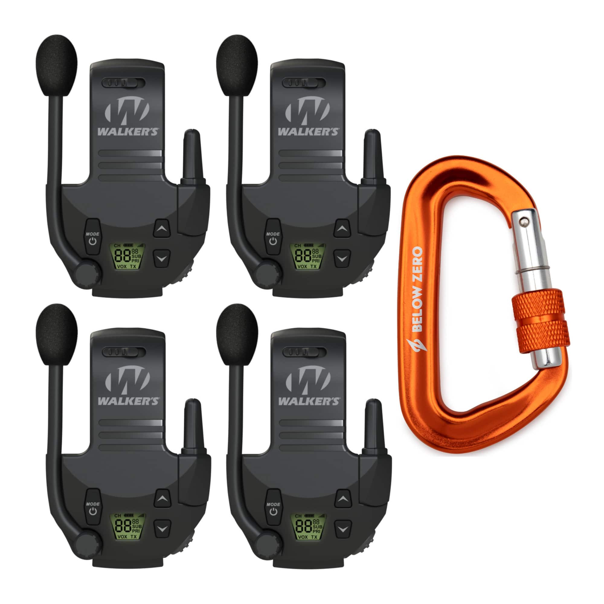 Walkers - Walker's Tactical/Hunting Walkie Talkie for Razor Muffs (4-Pack) with Carabiner - Black