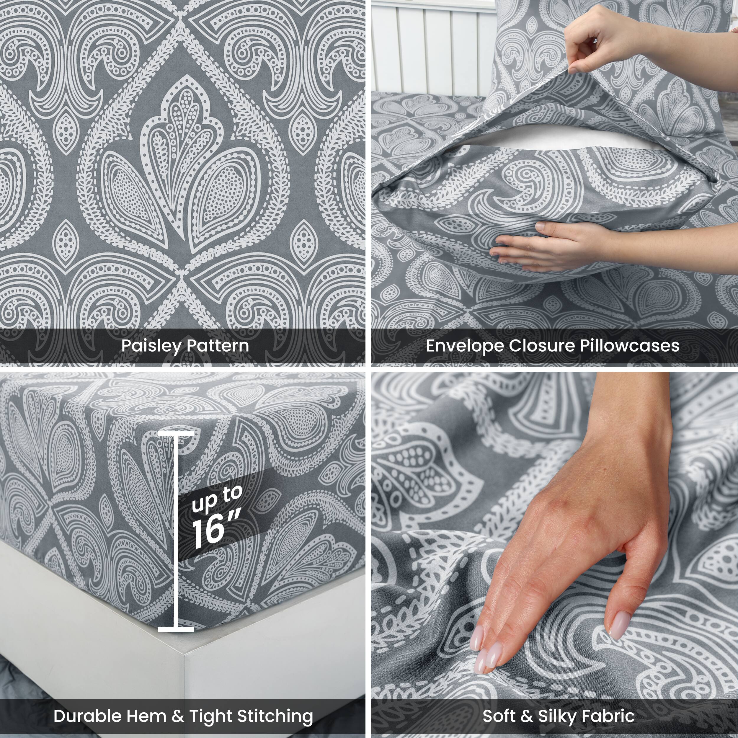 - Paisley Pattern
- Envelope Closure Pillowcases
- up to 16"
- Durable Hem & Tight Stitching
- Soft & Silky Fabric