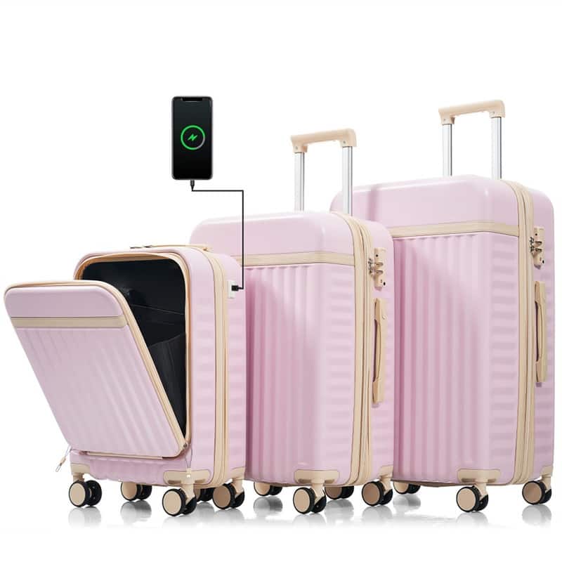 HTUTWOO - Luggage Set of 3 - 20" with USB Port, Front Opening Design Carry on Luggage, ABS Hard Shell Luggage with Spinner Wheels - Pink