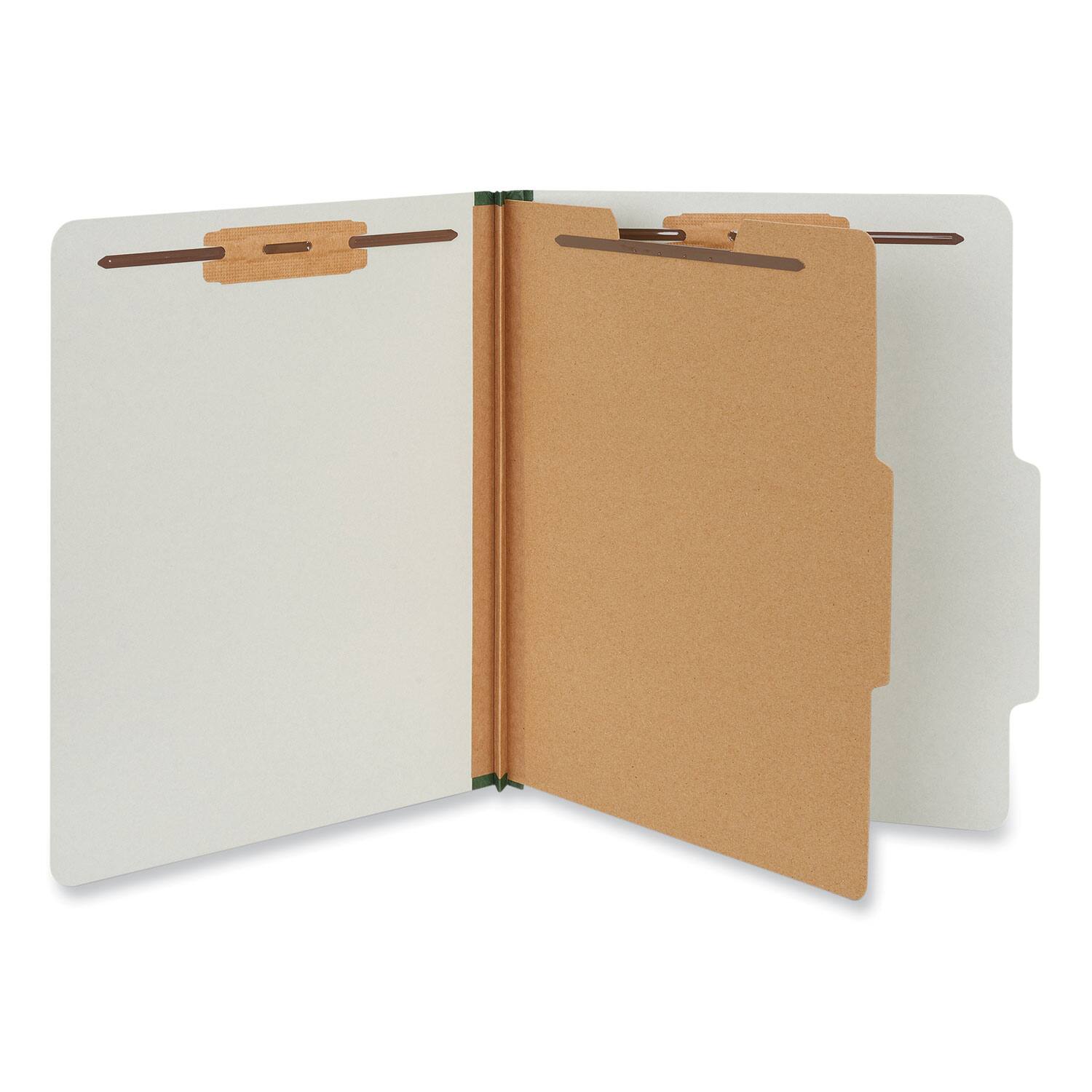Angle. Universal - Four-Section Pressboard Classification Folders, 2" Expansion, 1 Divider, 4 Fasteners, Letter Size, Gray Exterior, 10/Box.