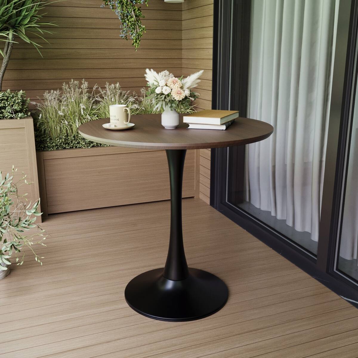 Left. Loheer - Loheer Walnut Round Dining Table, Tulip Pedestal Base, 31.5 Inch Mid-Century Kitchen Table - Walnut and black.