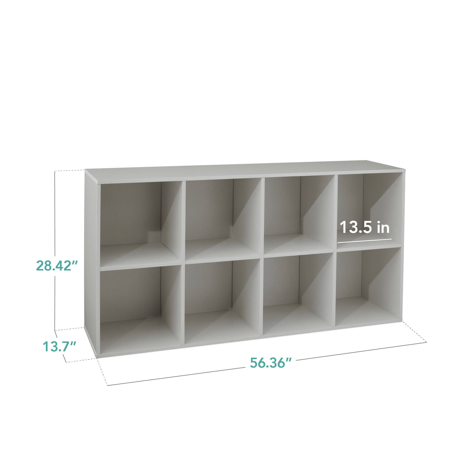 The dimensions of the shelf are:

- Height: 13.5 inches
- Depth: 13.7 inches
- Width: 56.36 inches
- Height of the back panel: 28.42 inches
