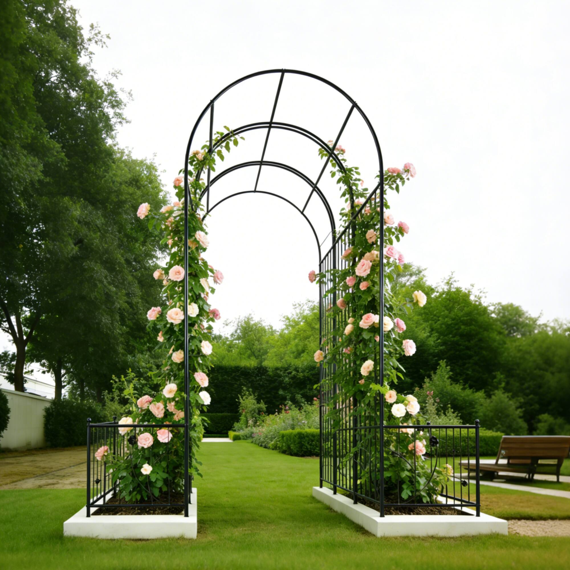 Back. Loheer - Metal Garden Arch with Built-In Plant Stands for Climbing Plants and Roses, Outdoor Trellis - Black.