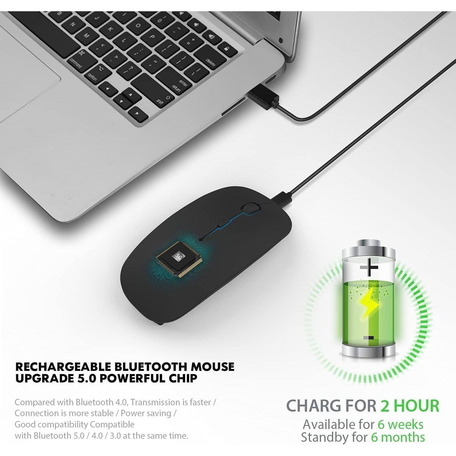 RECHARGEABLE BLUETOOTH MOUSE UPGRADE 5.0 POWERFUL CHIP

Compared with Bluetooth 4.0, Transmission is faster / Connection is more stable / Power saving / Good compatibility Compatible with Bluetooth 5.0 / 4.0 / 3.0 at the same time.

CHARG FOR 2 HOUR

Available for 6 weeks Standby for 6 months