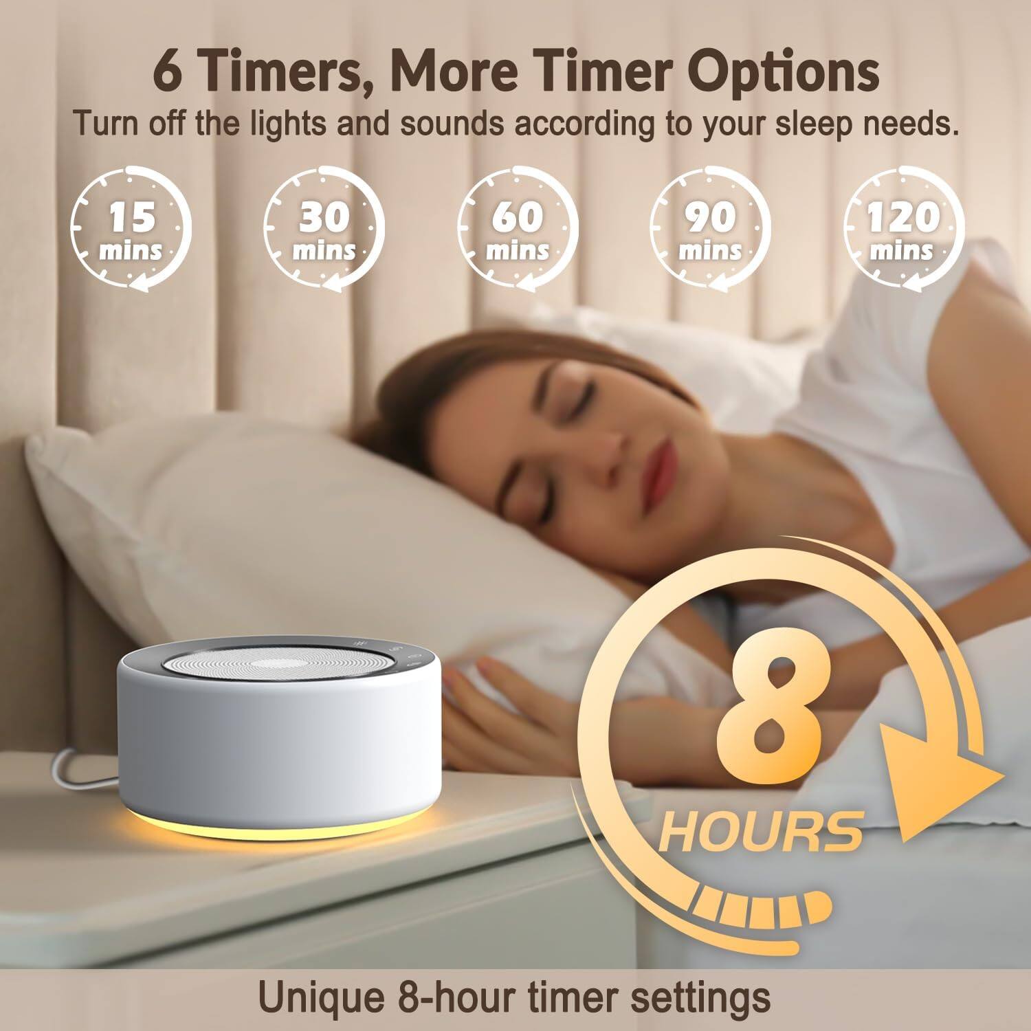 6 Timers, More Timer Options  
Turn off the lights and sounds according to your sleep needs.  
15 mins  
30 mins  
60 mins  
90 mins  
120 mins  

Unique 8-hour timer settings