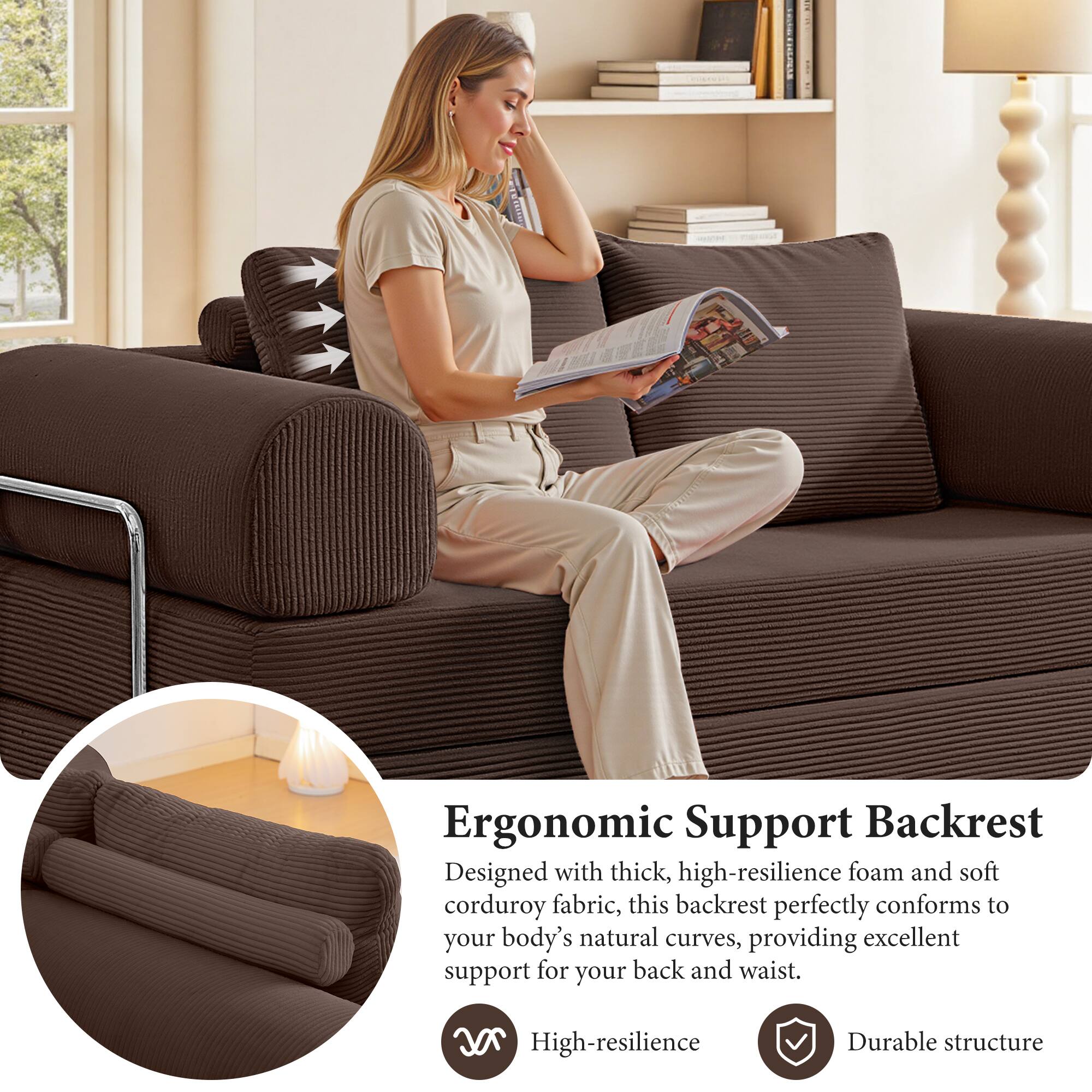 Ergonomic Support Backrest

Designed with thick, high-resilience foam and soft corduroy fabric, this backrest perfectly conforms to your body's natural curves, providing excellent support for your back and waist.

- High-resilience
- Durable structure