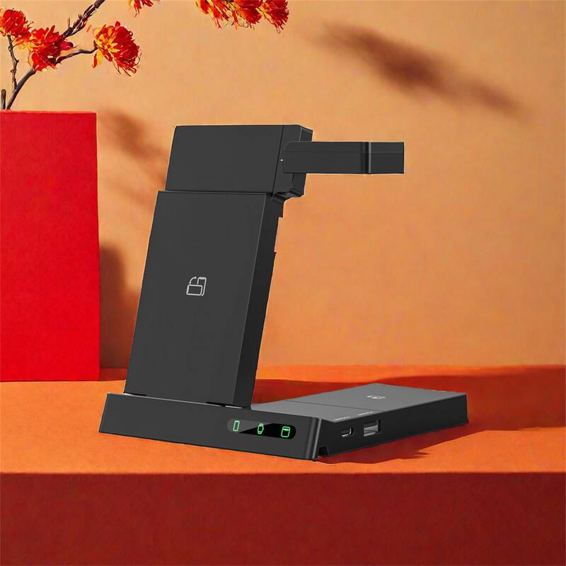 Left. RISOKEYS - Foldable 3-in-1 Wireless Charging Stand - Power Adapter Compatible with Apple, Fast-Charging Wireless Charger Station - Black.