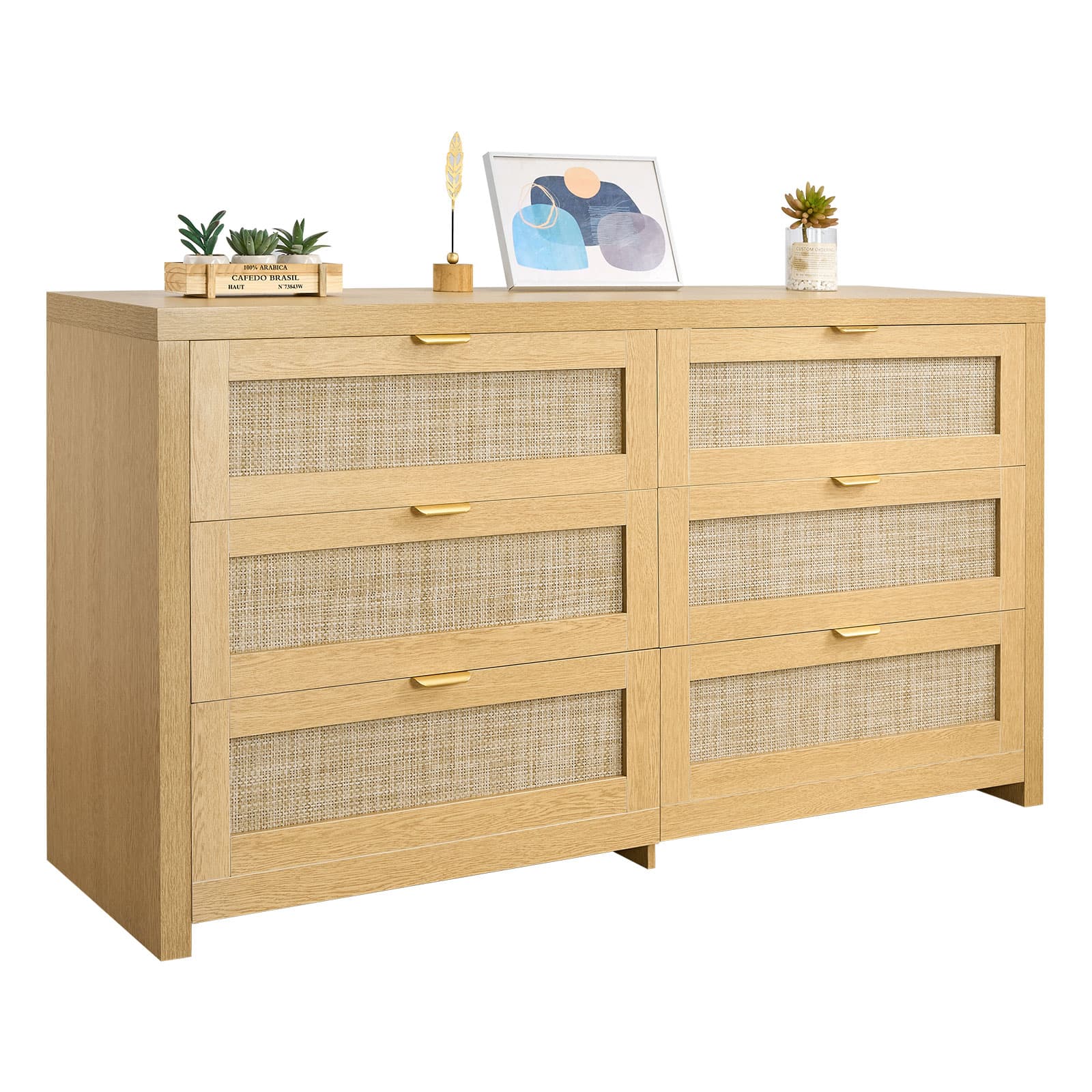 VEVOR - 6 Drawer Rattan Dresser, Double Dresser for Bedroom, Natural Rattan Chest of Drawer with Metal Handle, Modern Wood Chest - Natural Wood
