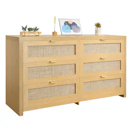 VEVOR - 6 Drawer Rattan Dresser, Double Dresser for Bedroom, Natural Rattan Chest of Drawer with Metal Handle, Modern Wood Chest - Natural Wood