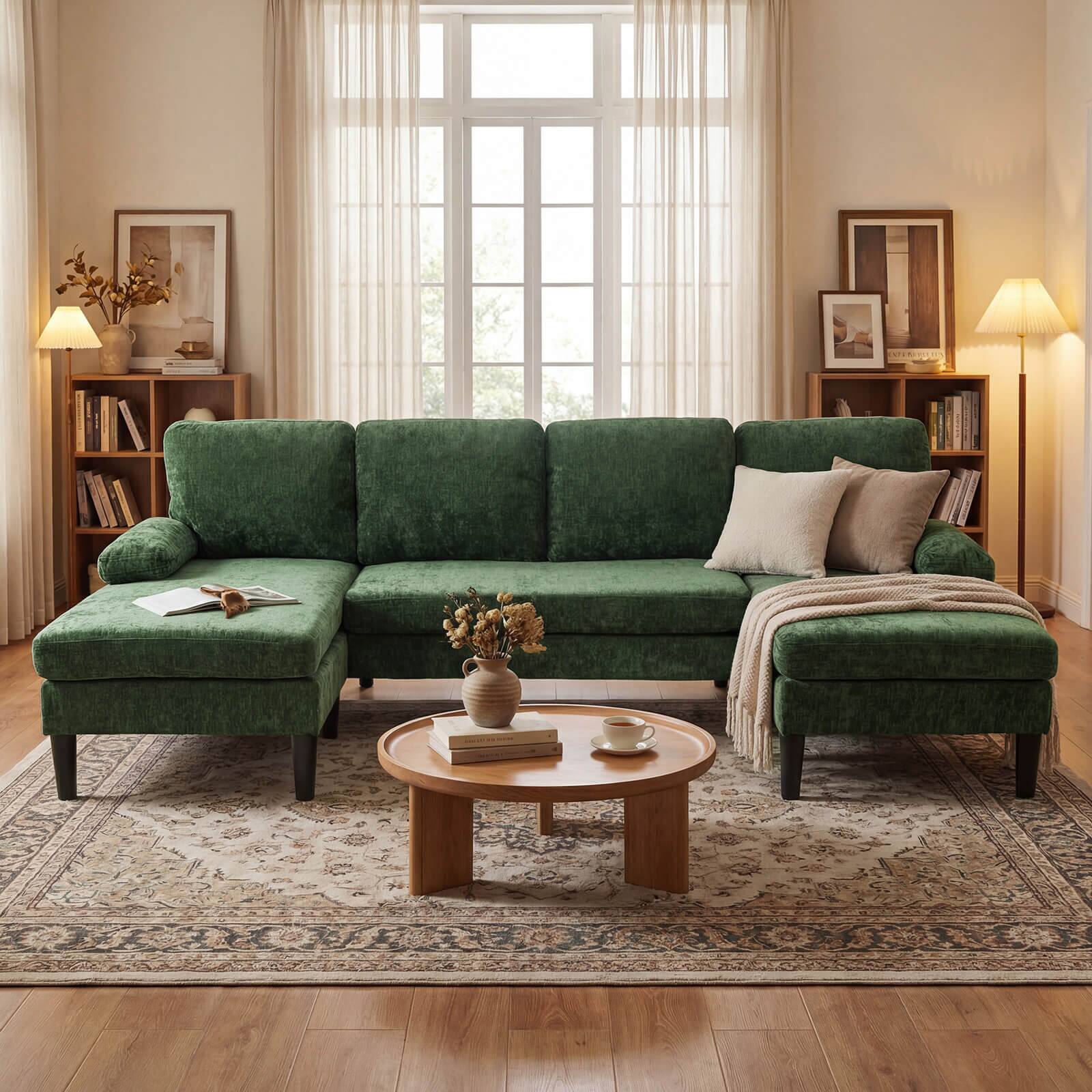 Alt View 3. Costway - Costway Sectional Couch, Chenille Upholstered Sofa Couch with Double Chaise for Home Office - Green.
