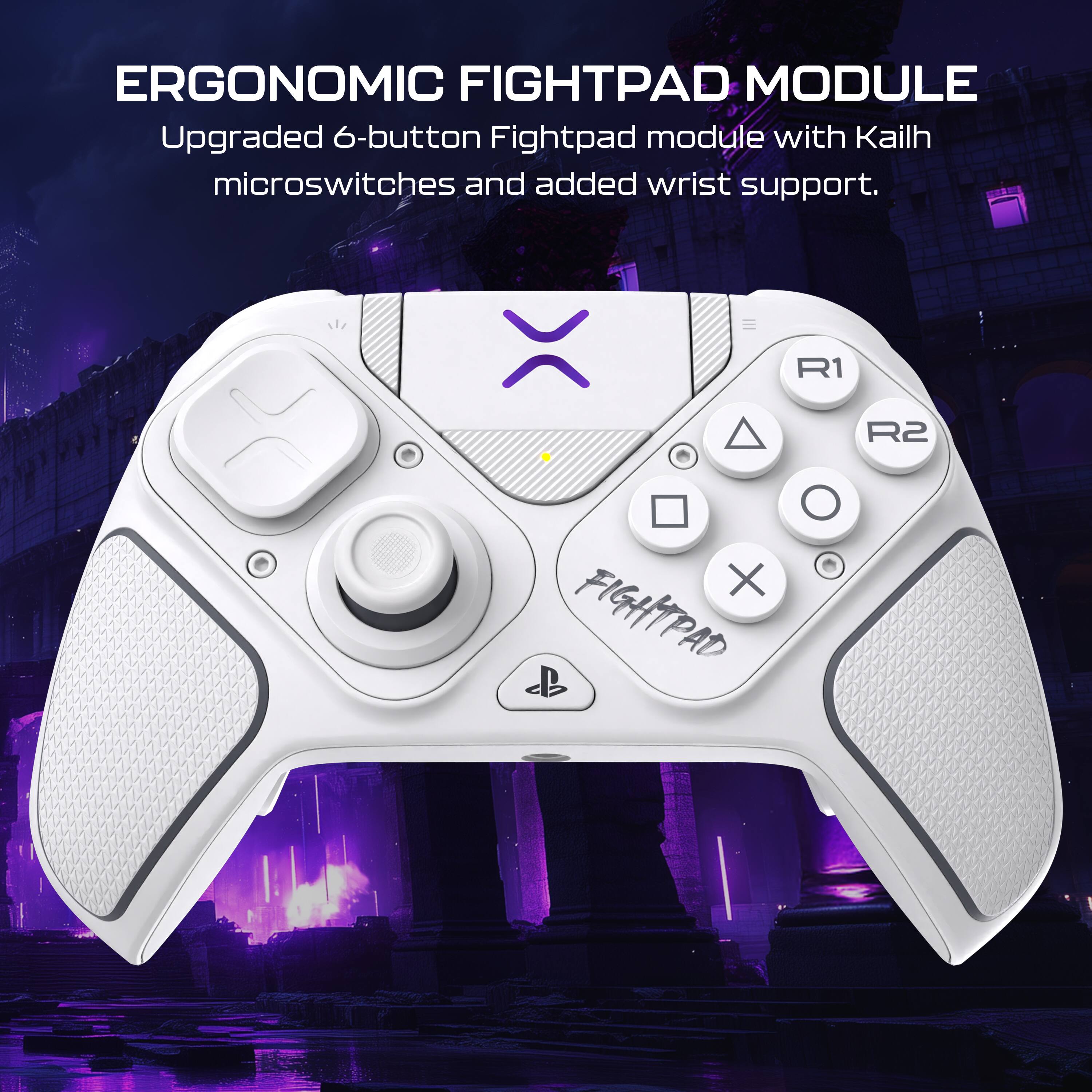 ERGONOMIC FIGHTPAD MODULE

Upgraded 6-button Fightpad module with Kailh microswitches and added wrist support.

R1 R2 O X FIGHTPAD