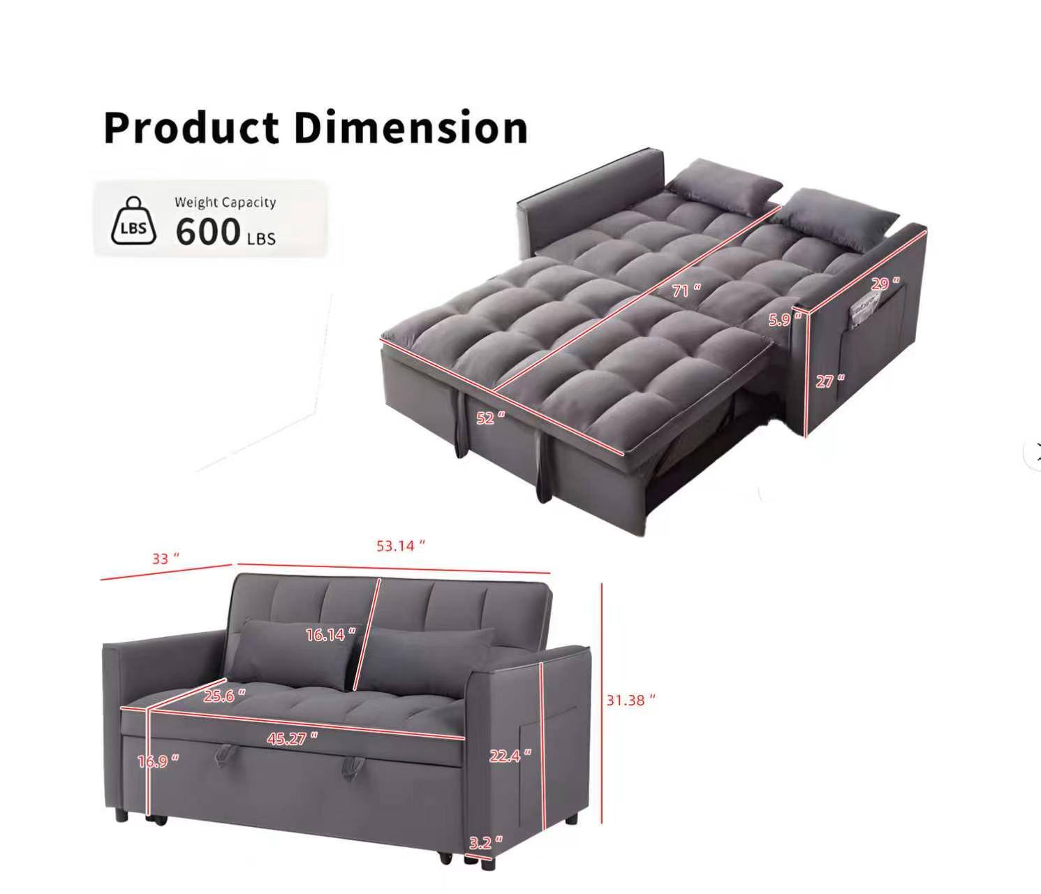 Product Dimension  
Weight Capacity: 600 LBS  

- 71"  
- 53.14"  
- 33"  
- 16.14"  
- 25.6"  
- 31.38"  
- 16.9"  
- 45.27"  
- 22.4"  
- 3.2"  
- 52"  
- 27"  
- 29"  
- 5.9"