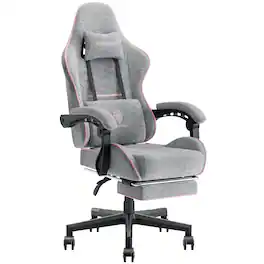 Dowinx - Fabric Gaming Chair with Massage Lumbar Support, Ergonomic Office Chair with Adjustable Headrest and Footrest - Grey Pink