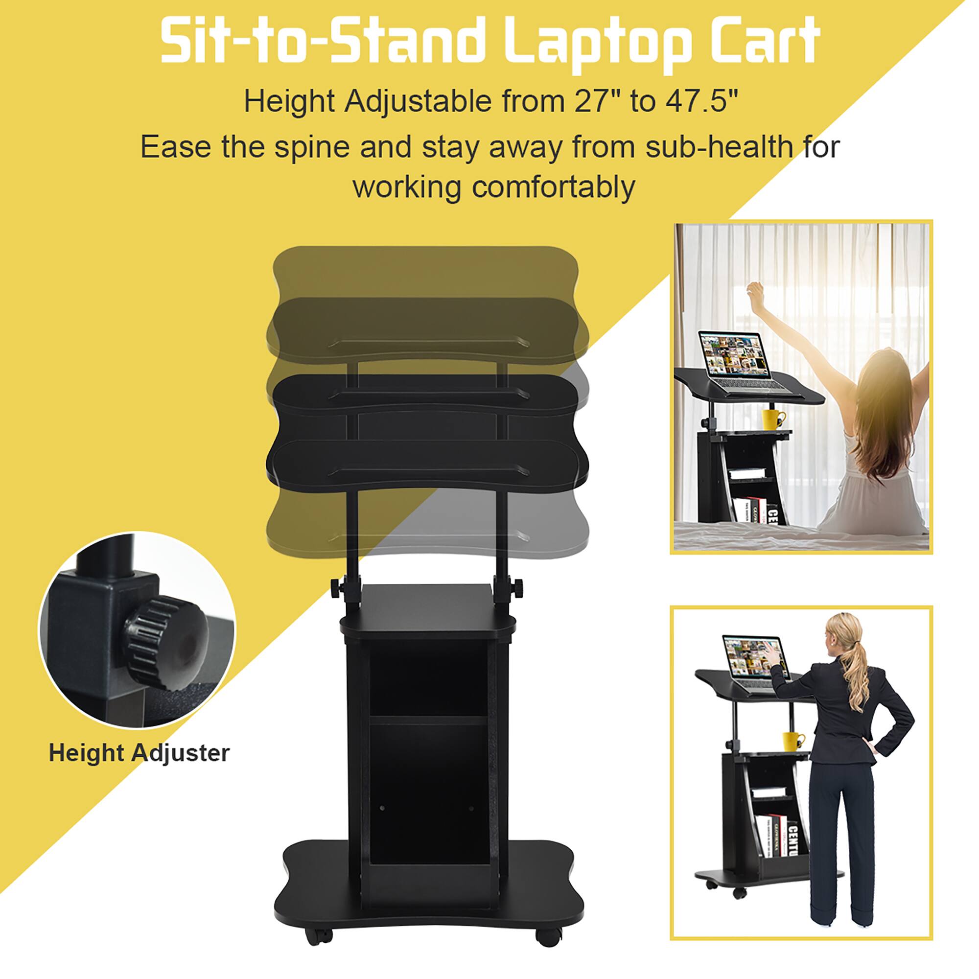 Sure, here is the corrected and grouped text from the image:

---

**Sit-to-Stand Laptop Cart**

Height Adjustable from 27" to 47.5"

Ease the spine and stay away from sub-health for working comfortably

Height Adjuster

---