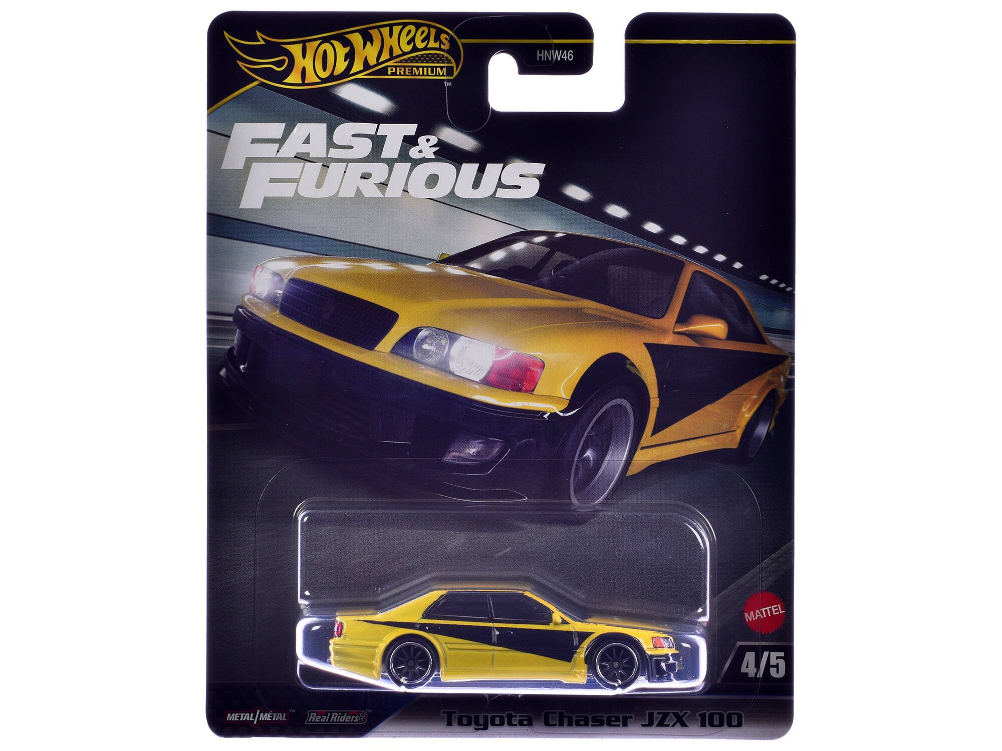 Hot Wheels Premium HNW46  
Fast & Furious  
Mattel 4/5  
Metal / Metal  
Real Riders  
Toyota Chaser JZX 100