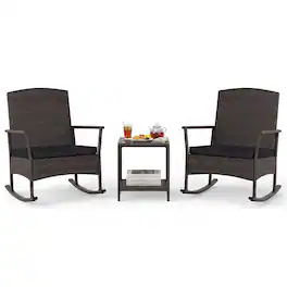Costway - 3 PCS Patio Rocking Set Wicker Rocking Chairs with 2-Tier Coffee Table - Mix Brown,Black