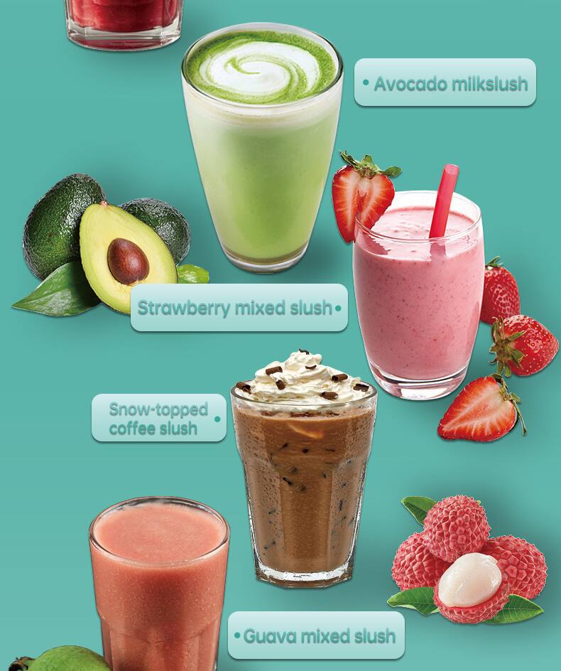 Avocado milkslush  
Strawberry mixed slush  
Snow-topped coffee slush  
Guava mixed slush