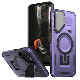 Dteck - Heavy Duty Rugged Case for Samsung Galaxy A16 5G Shock-absorbent Lens Stand 2-Layer Protective PC TPU Back Cover Shell - Purple