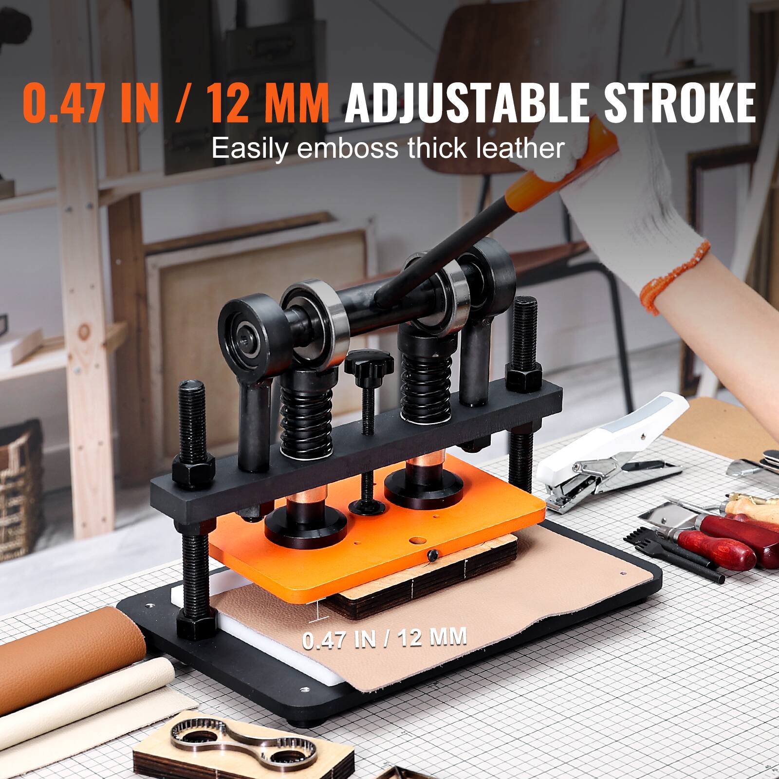 0.47 IN / 12 MM ADJUSTABLE STROKE  
Easily emboss thick leather
